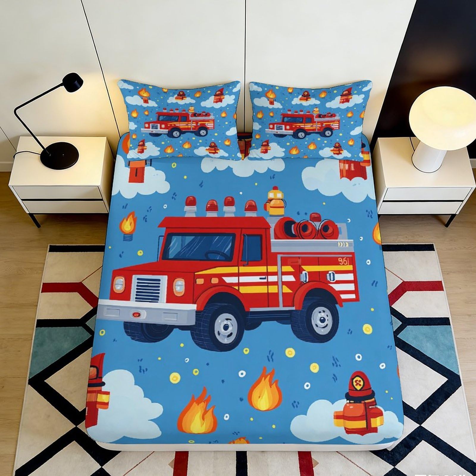 3D Printed Fire Truck Fitted Sheet Microfiber Red Cartoon Flame Mattress Cover for Bedroom Dorm Decor, Non-Slip Washable 160x200x25cm