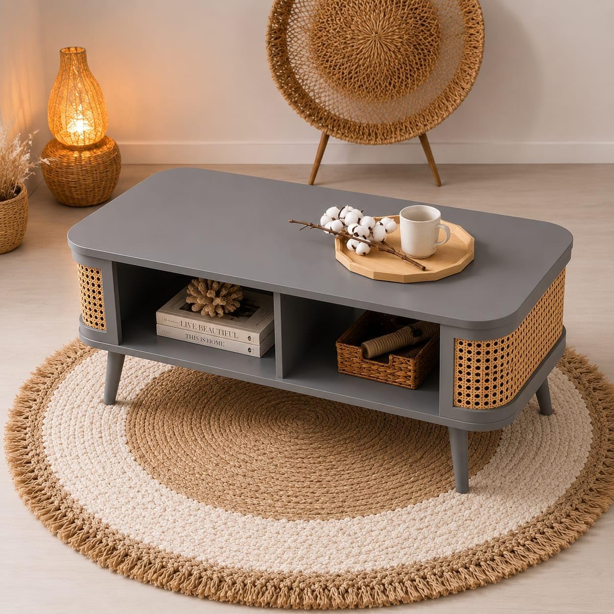 Solid Sheesham Wooden Coffee Table with Rattan Side Panels – Modern Minimalist Livingroom | Center Table with Open Storage Shelf for Home & Office Decor.-image-29