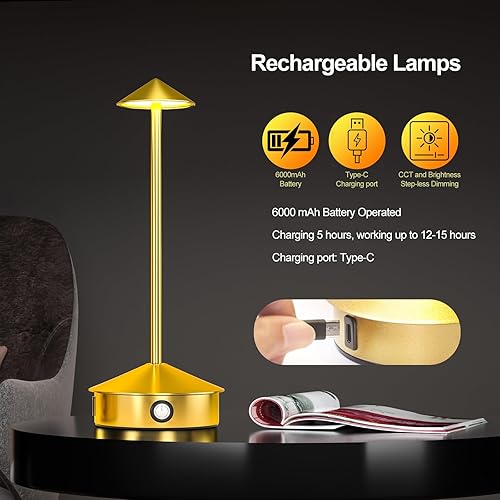 Miniatura 2 de Juego de 2 lámparas de mesa inalámbricas, lámpara de escritorio LED portátil, funciona con batería de 6000 mAh, lámpara recargable de 3 niveles de