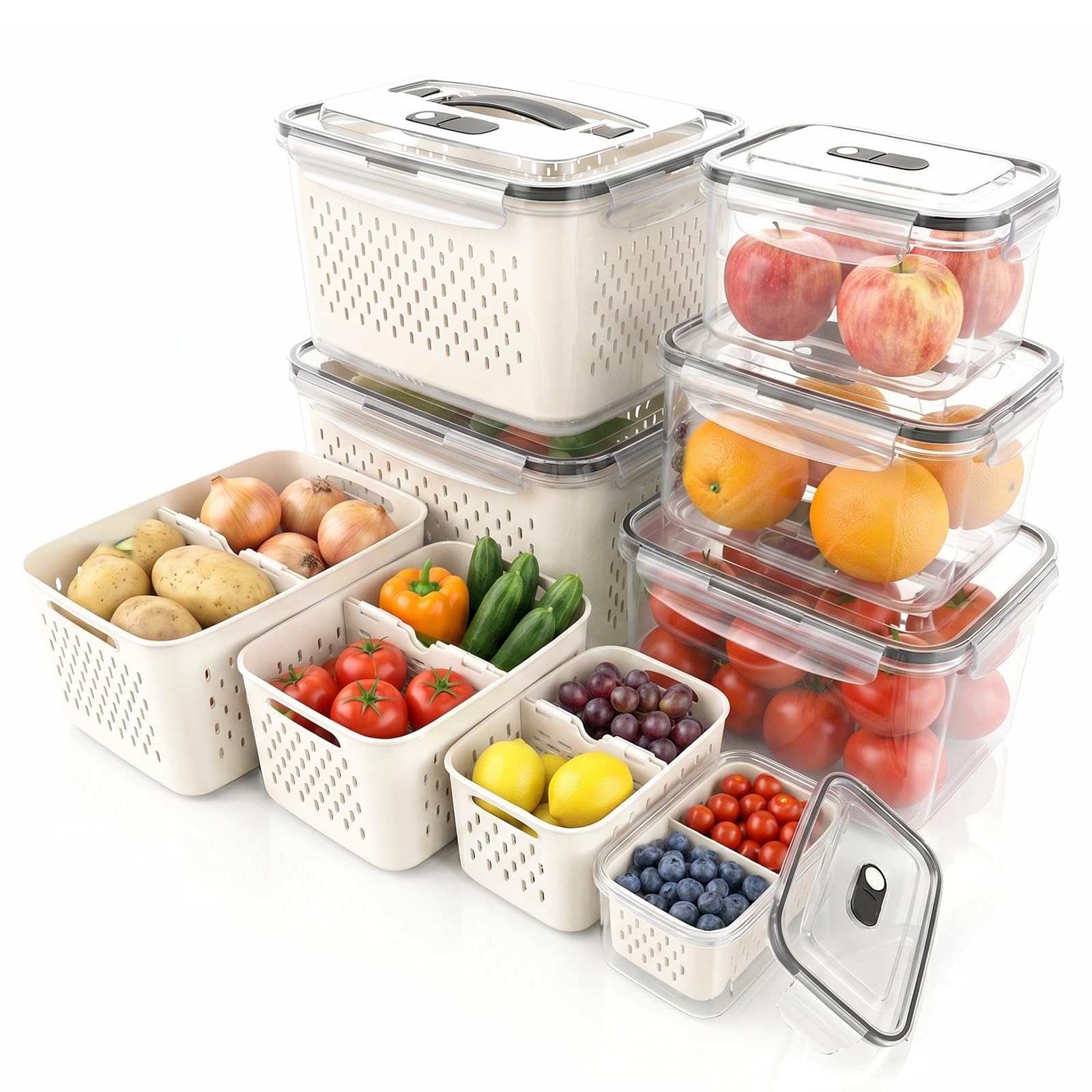Organizer Frigorifero 6 Pezzi (7,2L/4,55L/3,3L/1,85L/0,85L/0,38L), Contenitori Frigo per Frutta/Verdura/Insalata, BPA Free, Adatto Microonde, Lavastoviglie e Congelatore