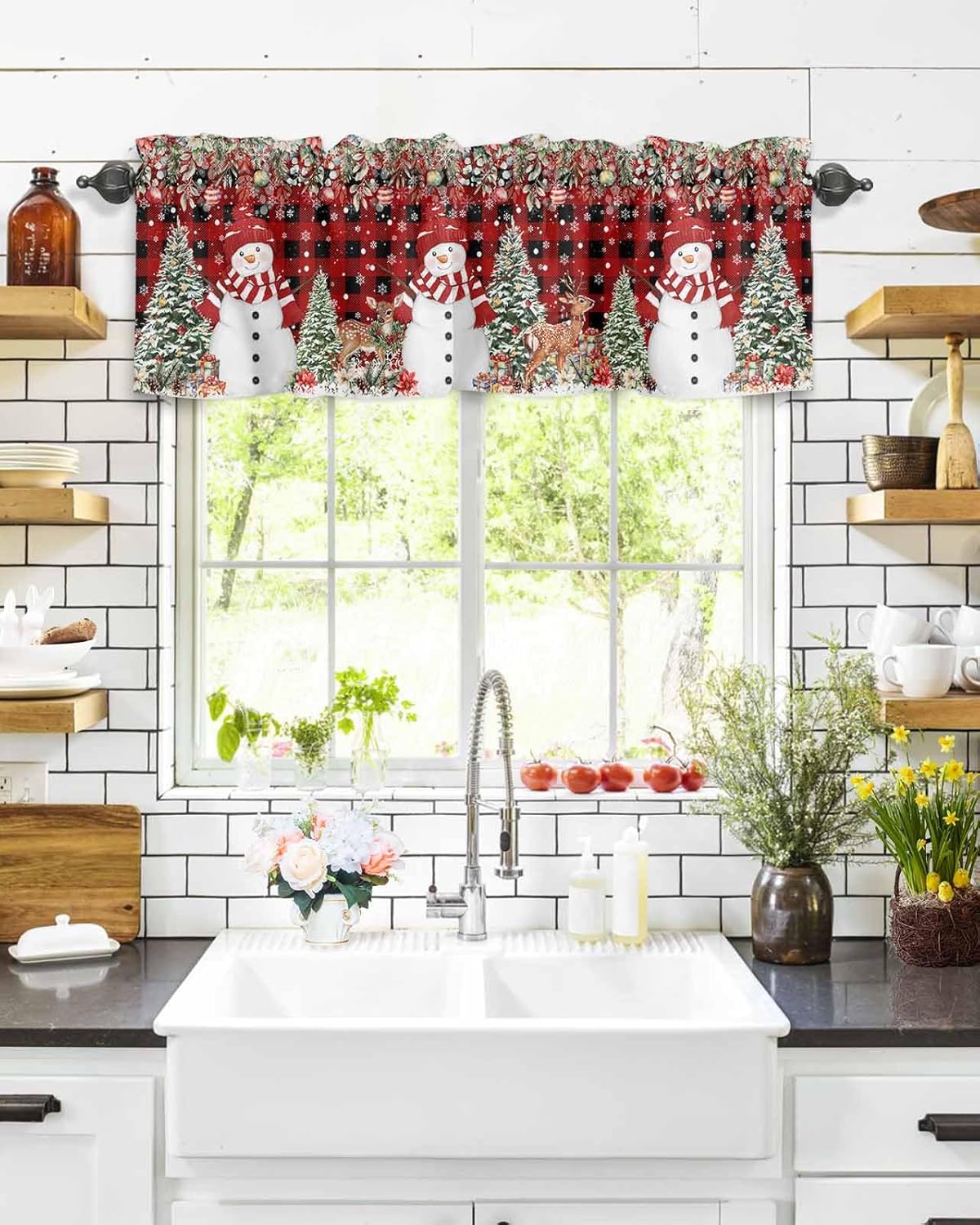 Snowman Red Curtain Valance for Kitchen Window, Christmas Deer Xmas Tree Snowflake Farmhouse Small Curtain, Rod Pocket Privacy Room Windows Treatments Curtains Bathroom Decor Valance, 60"Wx18"L