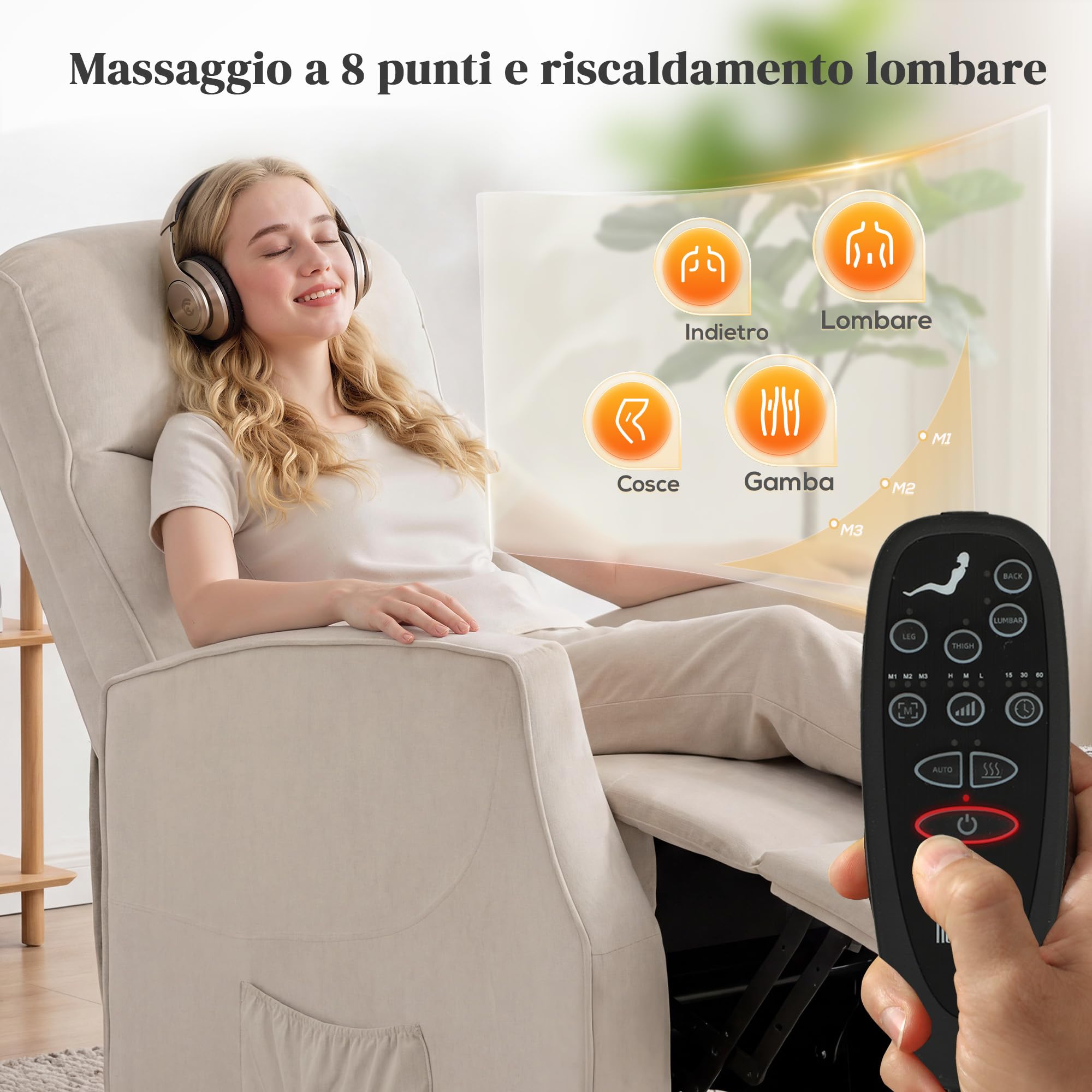 HOMCOM Poltrona Elettrica Alzapersona Reclinabile 150°, Poltrona Relax Massaggiante e Riscaldante, in Tessuto Effetto Lino per Anziani con Porta USB, Telecomandi, Poggiapiedi, Tasche Laterali, Beige