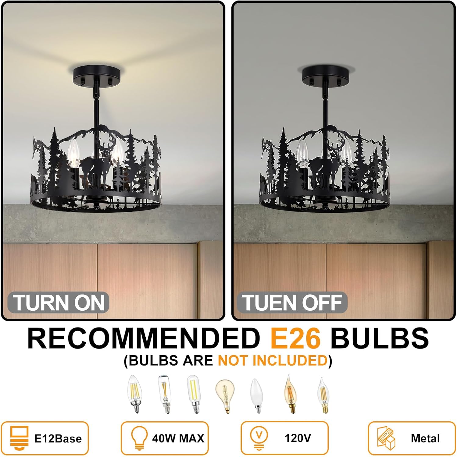 Rustic Semi Flush Mount Ceiling Light,3-Light E12 Base Living Room Light Fixture Deer Bear Design,Farmhouse Round Metal Kitchen Chandelier,Industrial Black Chandeliers For Dining Room,Bedroom,Hallway