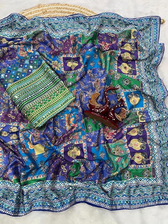 Image of Women's Chinon Silk Saree with Printed Design, Mirror Work & Zari Woven Detailing | Ethnic Wear Saree with Unstitched Blouse Piece | Traditional Festive & WeddingWear
