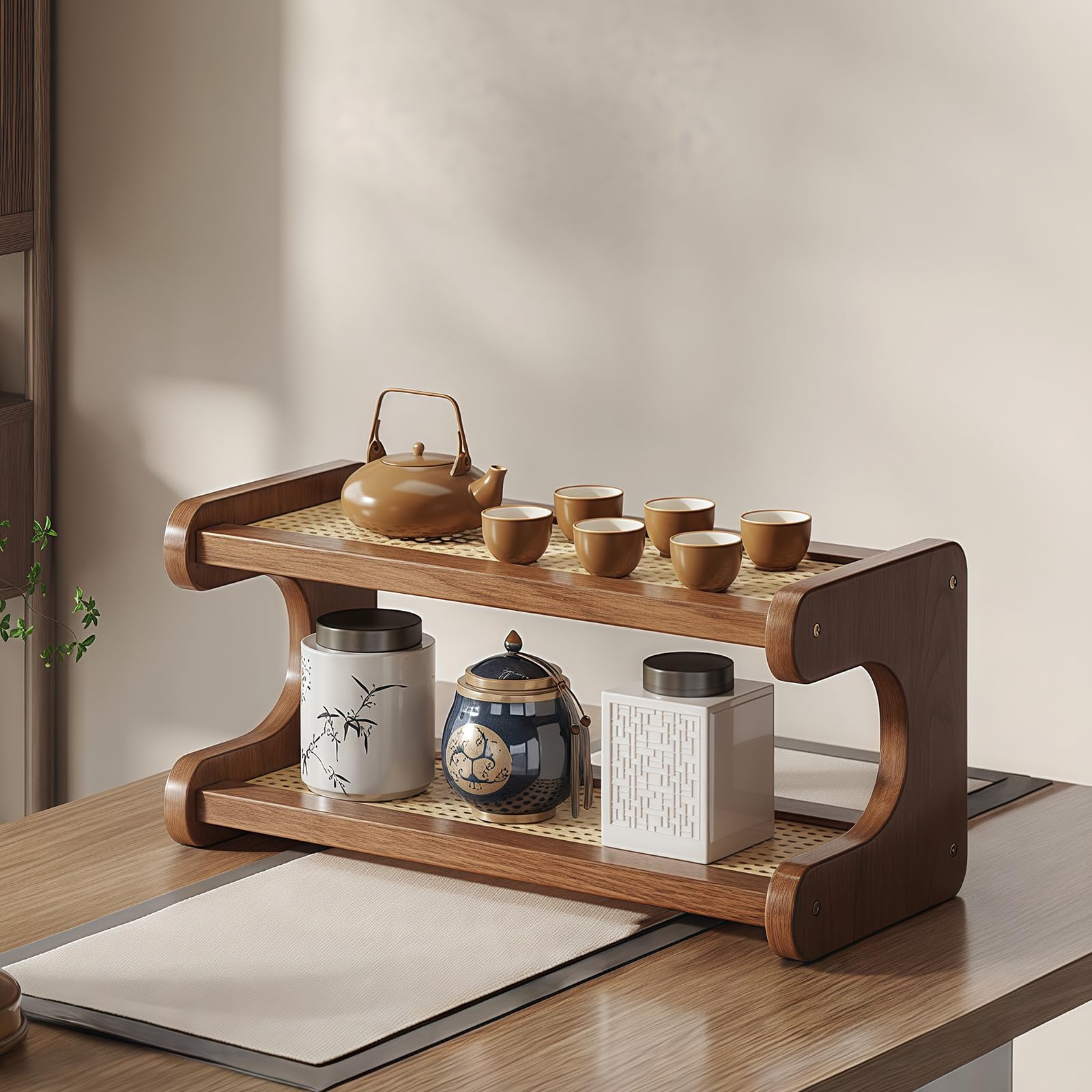 Kaffee-Bar-Station-Organizer, rustikaler Becherhalter aus Holz und 2-stöckiges Aufbewahrungsregal für Arbeitsplatte – Tee-Zubehör und Sirup-Präsentationsständer