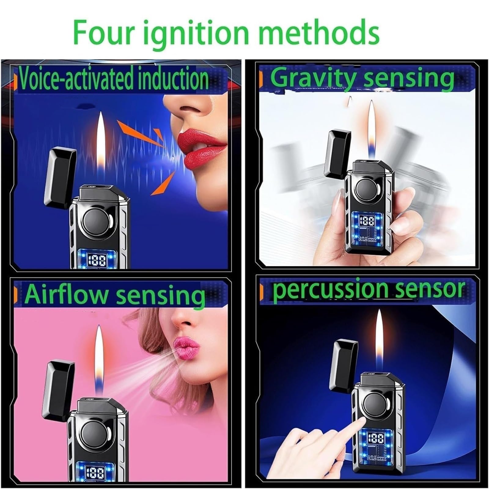 Briquet double flamme coupe-vent Jet & flamme douce rechargeable Butane Flamme réglable Affichage LED Parfait pour camping, barbecue, utilisation en extérieur, interrupteur de sécurité
