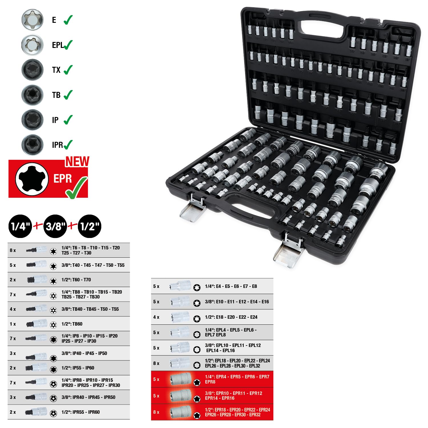 KS Tools 911.7101 1/4"+3/8"+1/2" Torx-Steckschlüssel-Satz, 101-tlg