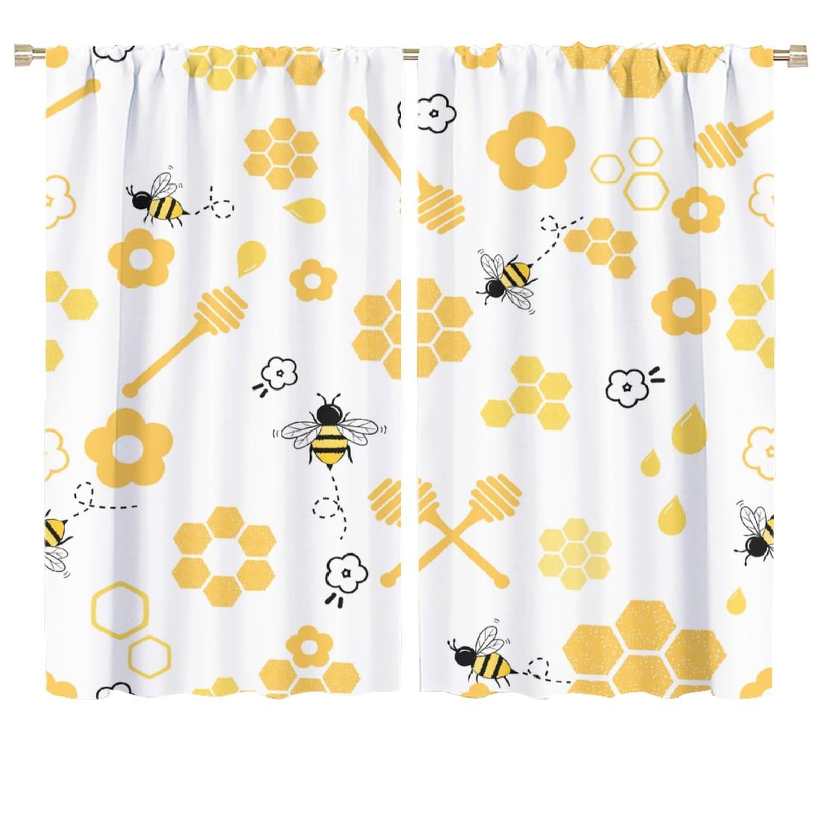 HZOHNAGO Bee Curtain Cartoon Cute Bees Yellow Honeycomb Flower Pattern Blackout Print Rod Pocket Window Drapes for Bedroom Living Room 72x63in