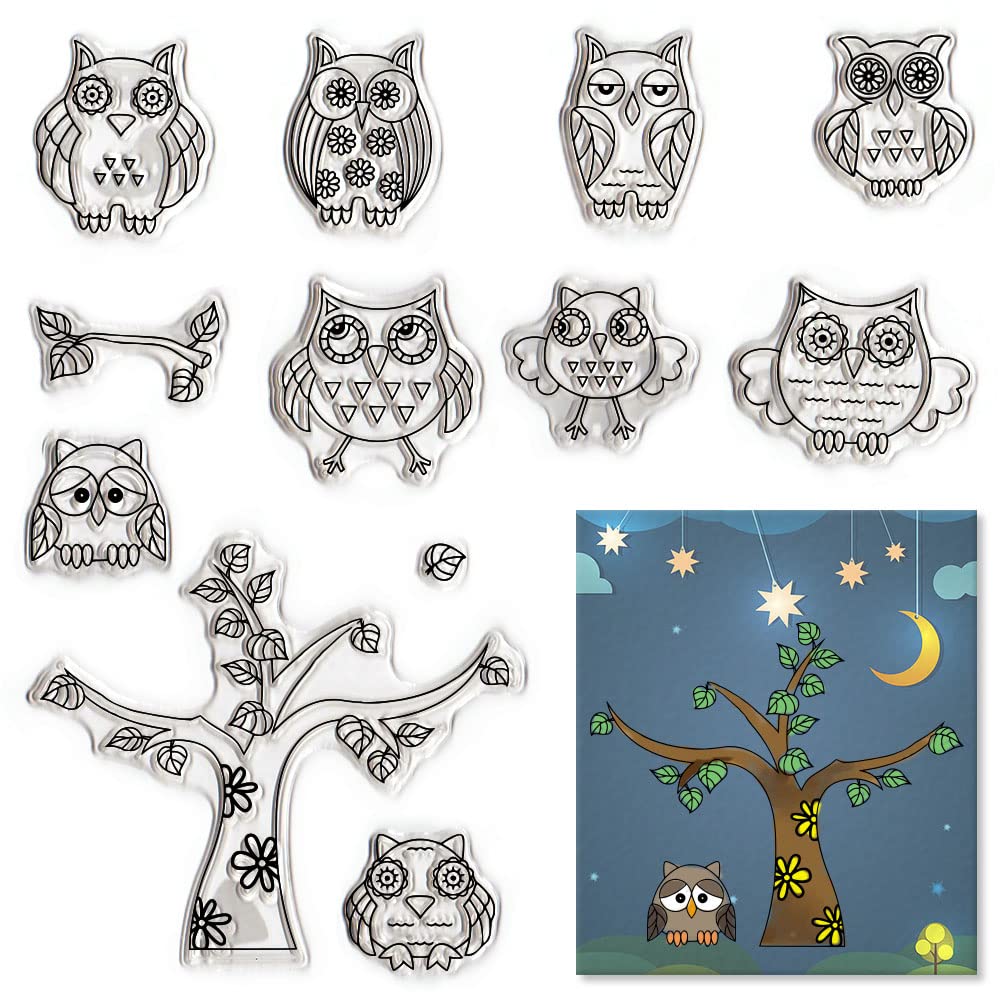 9 pcs Cute Owl Clear Stamps for Card Making, Thanksgiving Fall Leaves Clear Rubber Stamps Fall Tree Stamps for Holiday Card Making Decor DIY Scrapbooking Transparent Album Decor Paper Craft-image-18