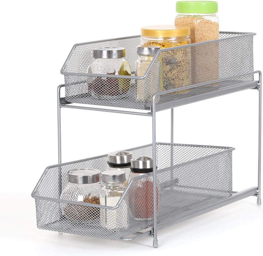 HAITRAL 2 Tier Sliding Cabinet Basket Organizer Drawer, Mesh Storage Organizer with Pull Out Drawers for Countertop, Cabinet, Pantry, Under The Sink, Desktop