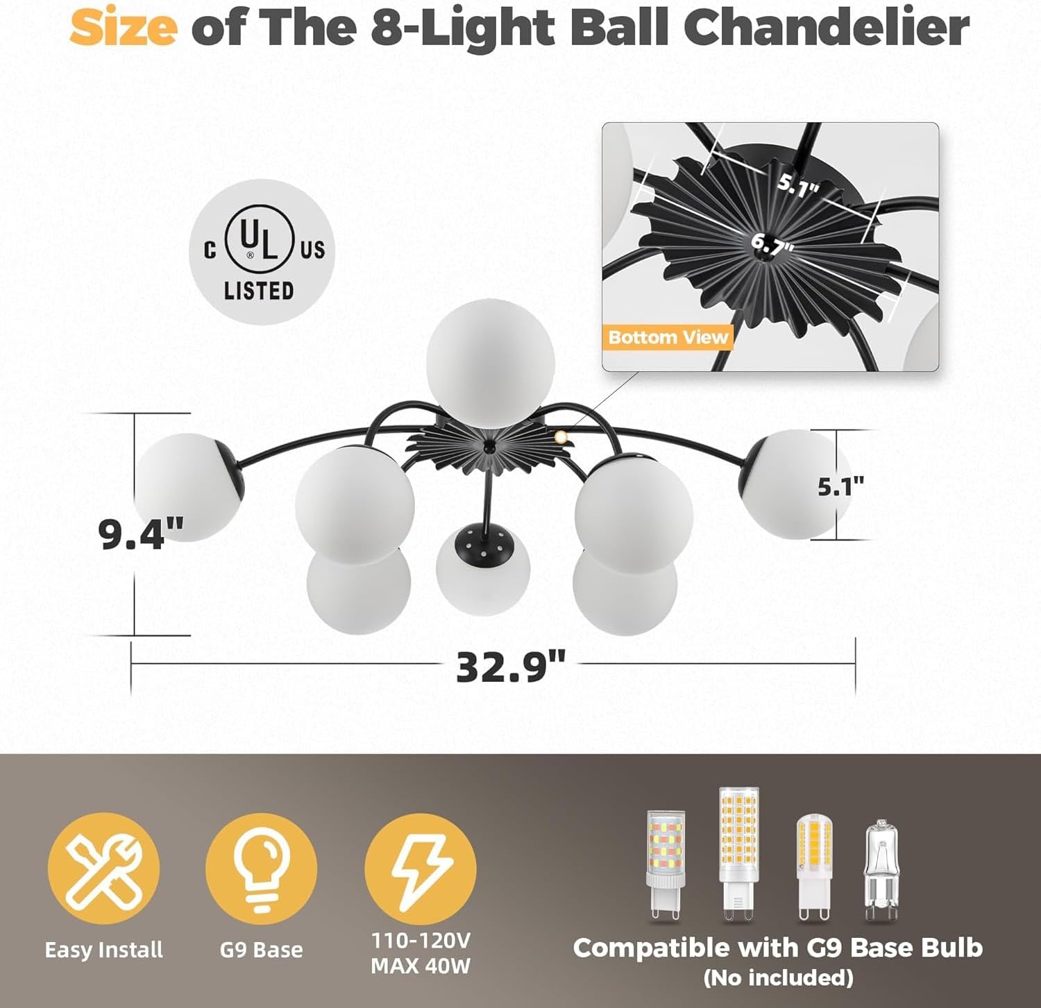 Modern Chandelier 8-Light Dining Room Light Fixture, 33" Dia Sputnik Lights Fixture with Glass Globes, G9 Base Semi Flush Ceiling Light Chandeliers for Dining Room (Black Ceiling Light, 8 Light)
