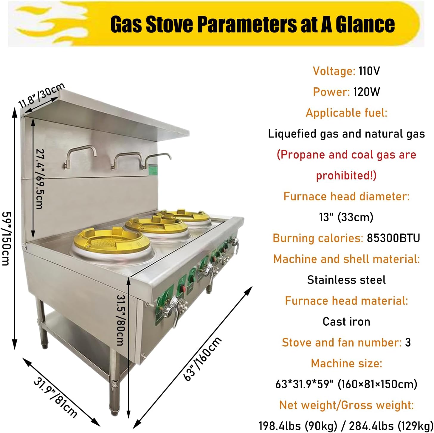 INTSUPERMAI Commercial Gas Wok Stove - Upgraded Three-Burner 85300BTU LPG and Natural Gas Chamber - Stainless Steel Chinese Wok Range With Safe Baffle, 3 Stove Heads 110V