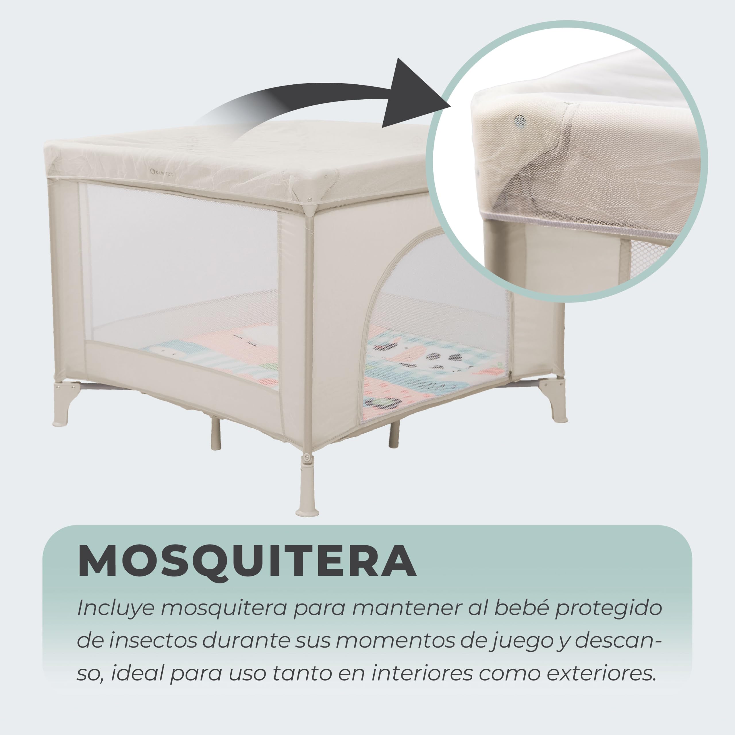 Olmitos Parque Infantil Bebé Cuadrado 100x100 cm | Parque de Juegos con 4 Lados de Red, Plegado Fácil y Puerta de Cremallera, Desde Nacimiento hasta 15kg | Incluye Bolsa y Mosquitera