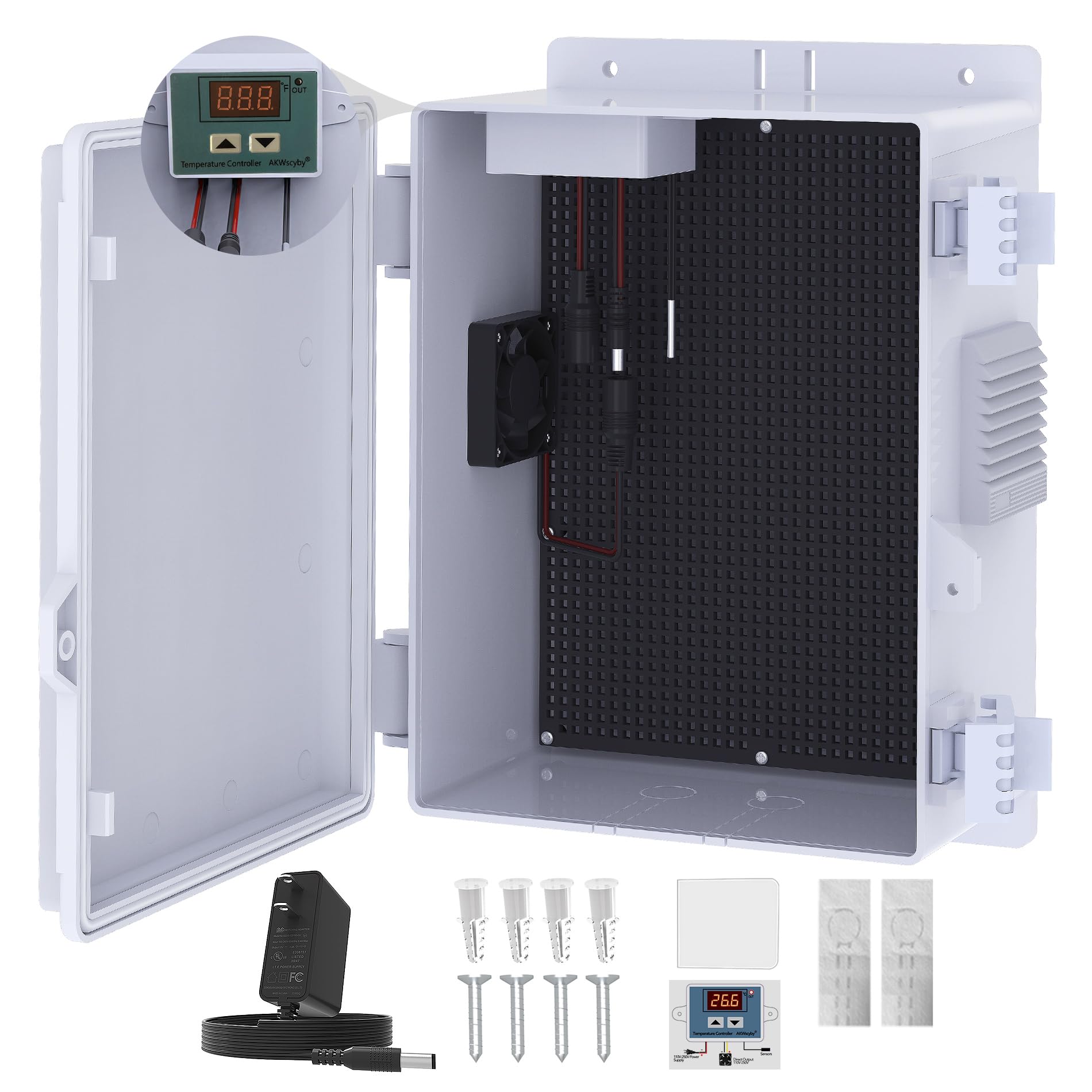 Outdoor Electrical Box, Waterproof Electrical Junction Box IP65 ABS Plastic Enclosure with Fan & Thermostat, Mounting Plate and Hinged Lid(11" H x 7.4" L x 5.1" W)