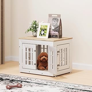 26" Heavy Duty Dog Crate Furniture for Small,Medium and Large Dogs,Rustic Wooden Dog Cage Kennel Indoor Furniture with Waterproof Top,Decorative Pet House Side End Table (White & Wood)