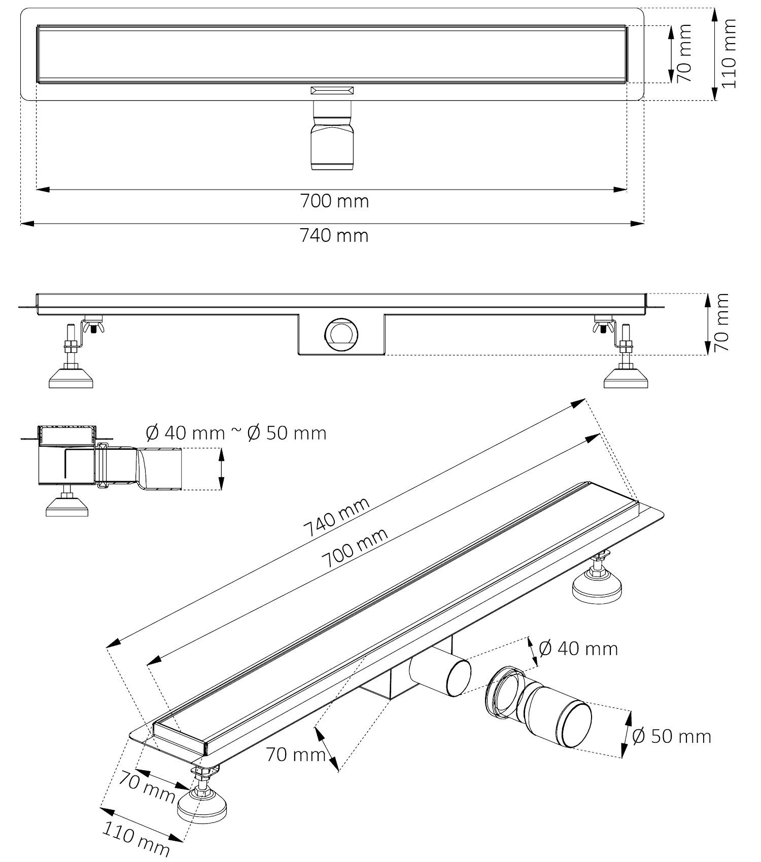 Zelsius Edelstahl Duschablauf "Hervey Bay" befliesbar | 70 cm | Bodenablauf quadratisch für bodengleiche Dusche | Duschrinne mit Siphon und Haarsieb, Geruchsverschluss | Duschabfluss flach