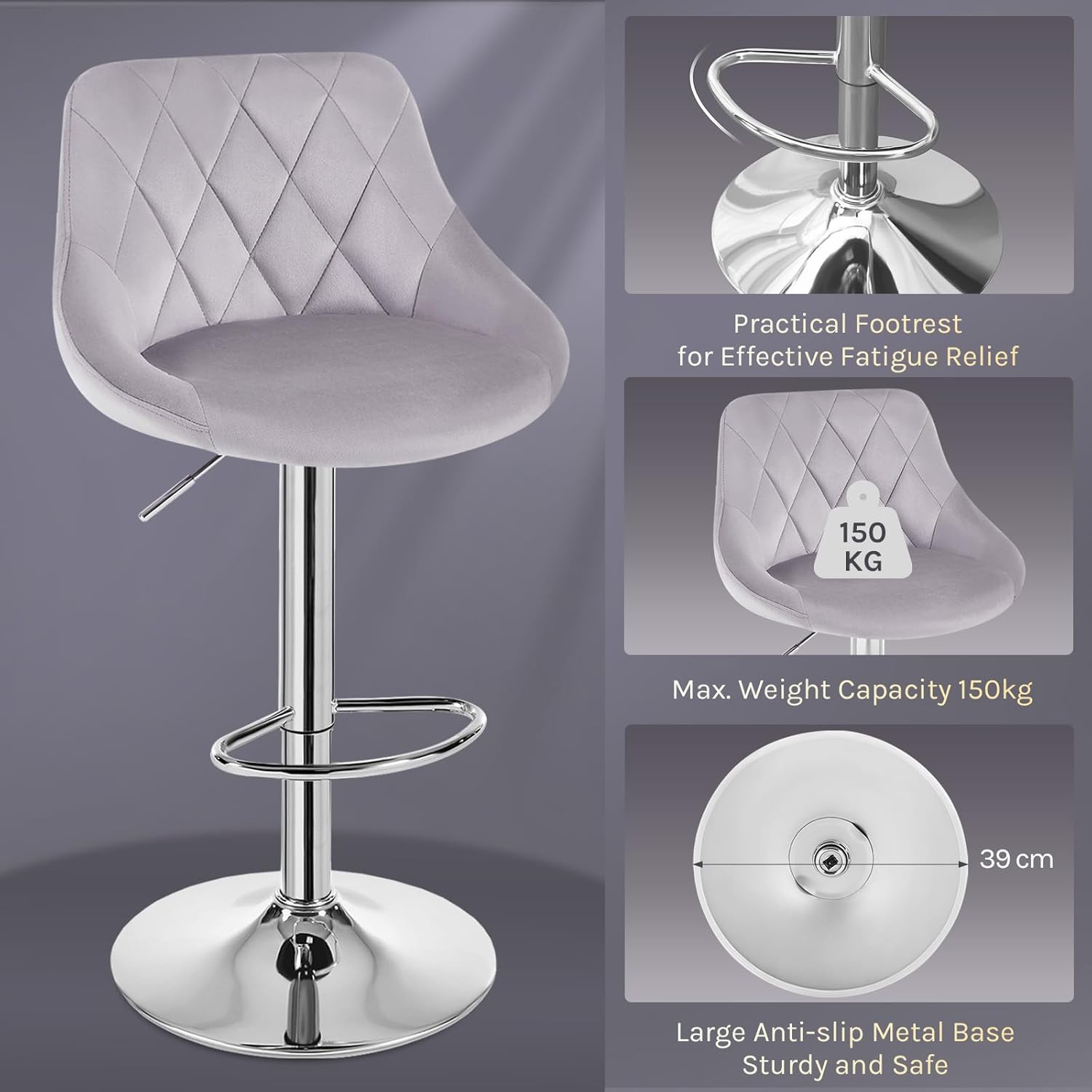 Features of the WOLTU bar stool, including a practical footrest for fatigue relief, 150kg max weight capacity, and a large anti-slip metal base.