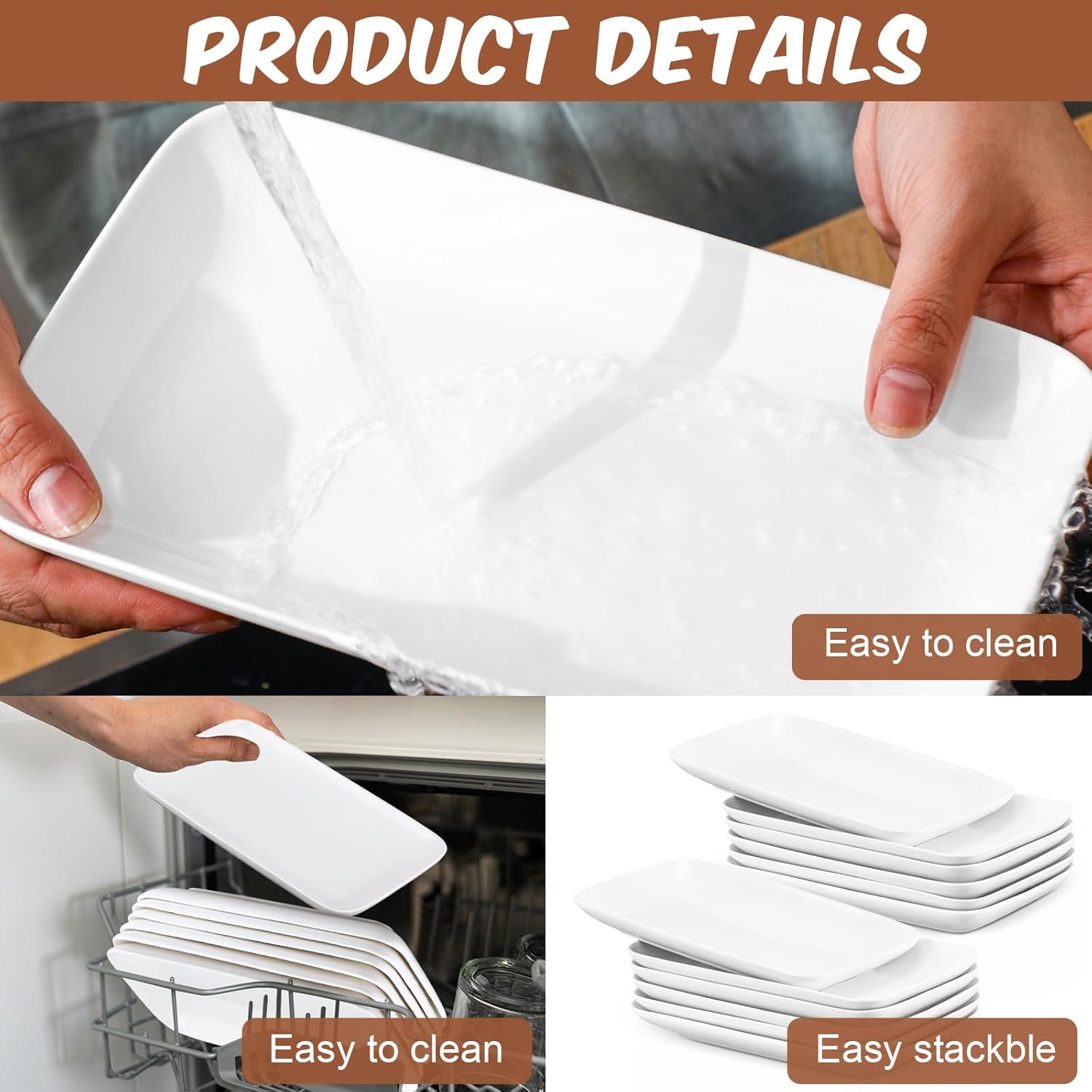 Irenare 12 Pcs 9 Inch Rectangular Salad Plates White Rectangular Porcelain Dessert Plates Appetizer Serving Tray Rectangular Porcelain Platters for Fruit Sushi Dinner Parties, Microwave, Oven Safe - Image 4