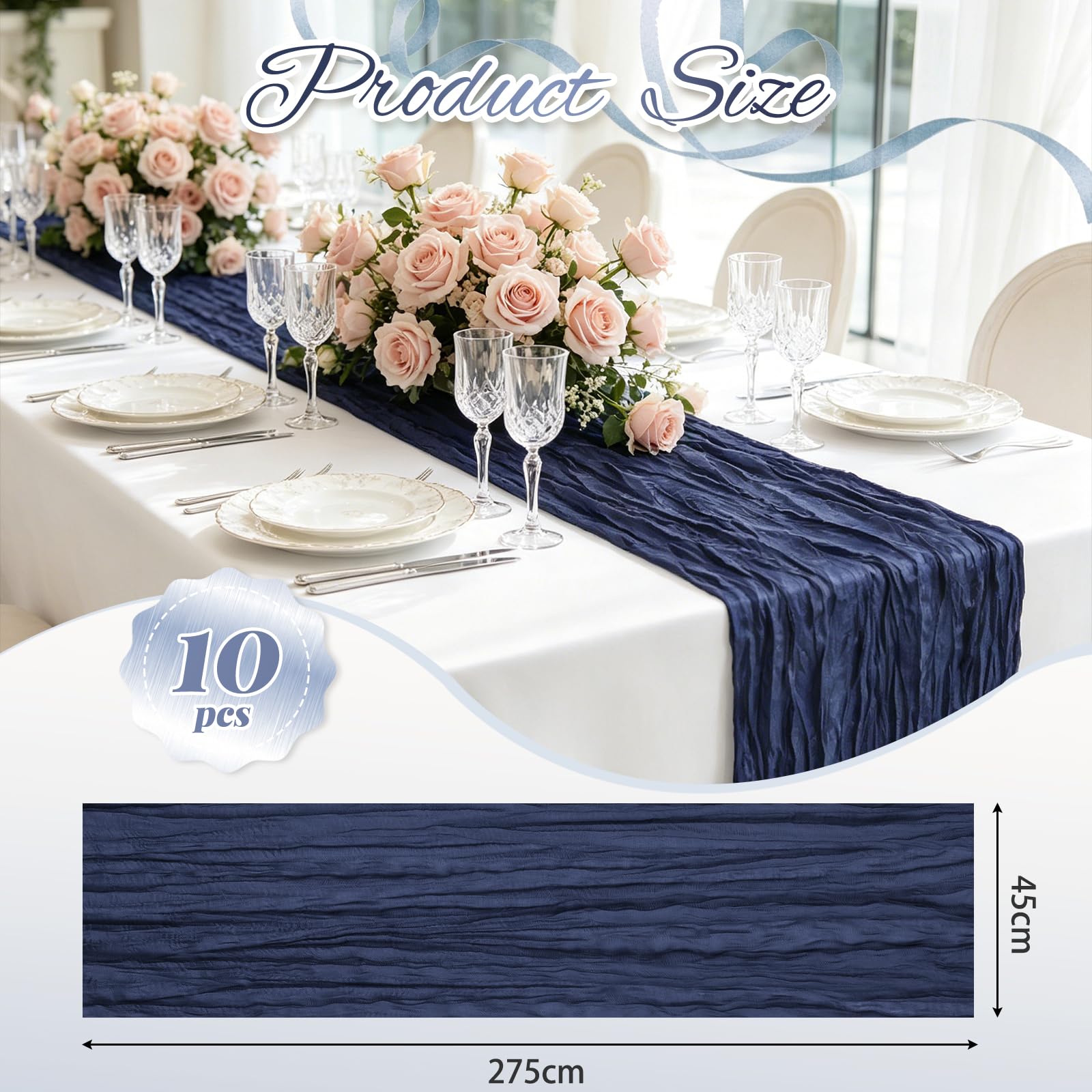 Runner da tavola in garza blu navy, confezione da 10, 45 x 275 cm
