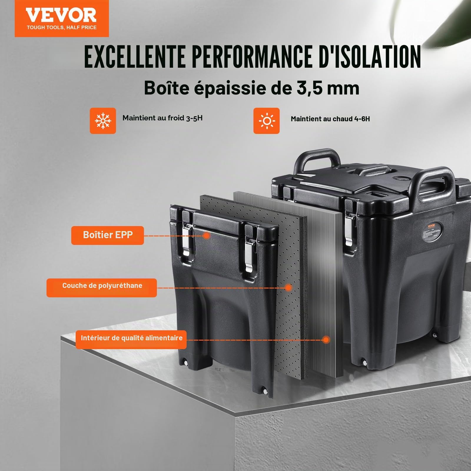 VEVOR Conteneur Isotherme Boîte de Transport en LLDPE à Chargement par le Haut pour Garder au Chaud ou Froid Bacs Alimentaires Traiteur Restauration Restaurant Cantine 435x435x540 mm 30 L