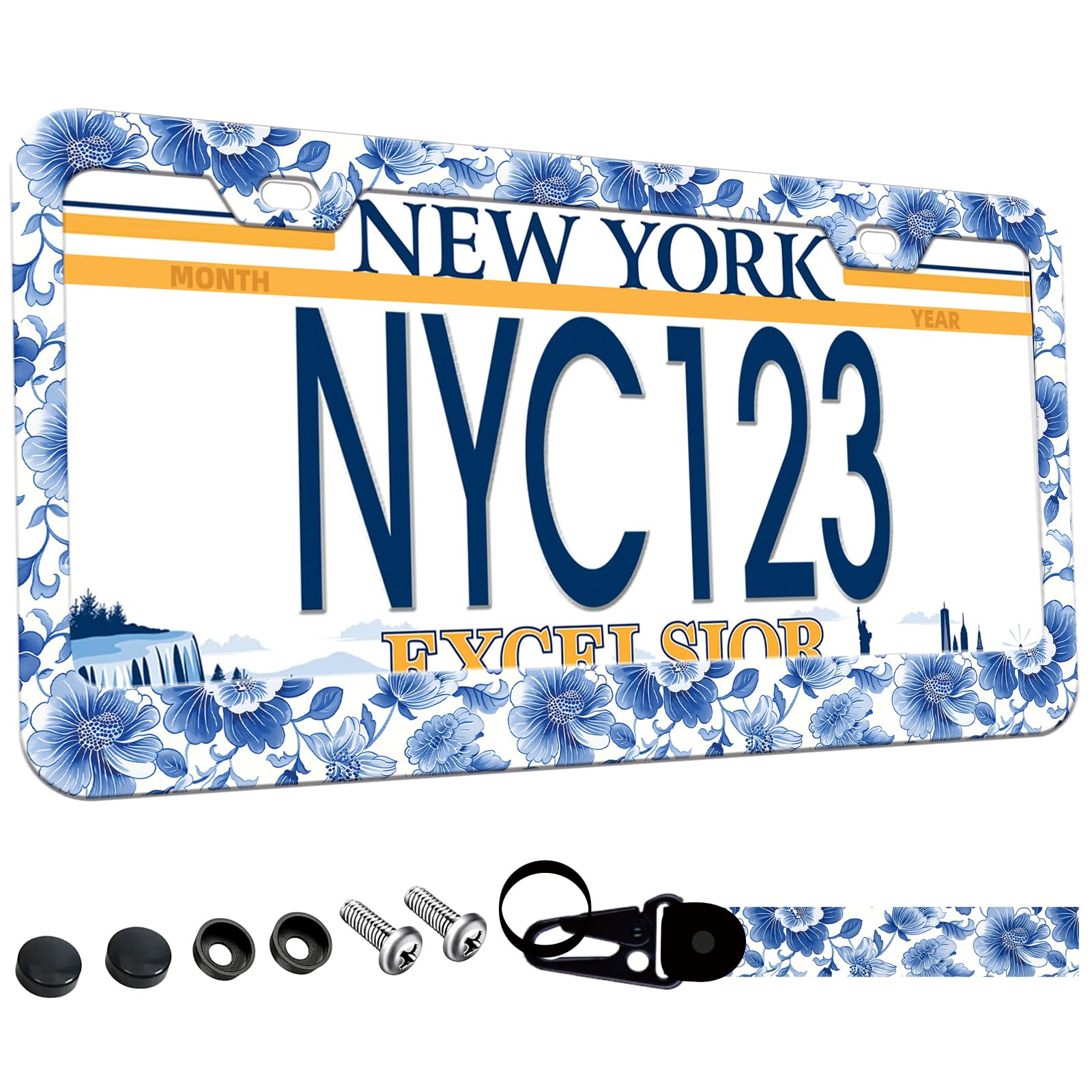 Photo 1 of 1-Pack Blue White Porcelain Floral License Plate Frames for Women Man, 2 Holes Blue Flowers Aluminum License Plate Holder,Vintage Floral License Plate Cover with Keychain Wrist Lanyard
