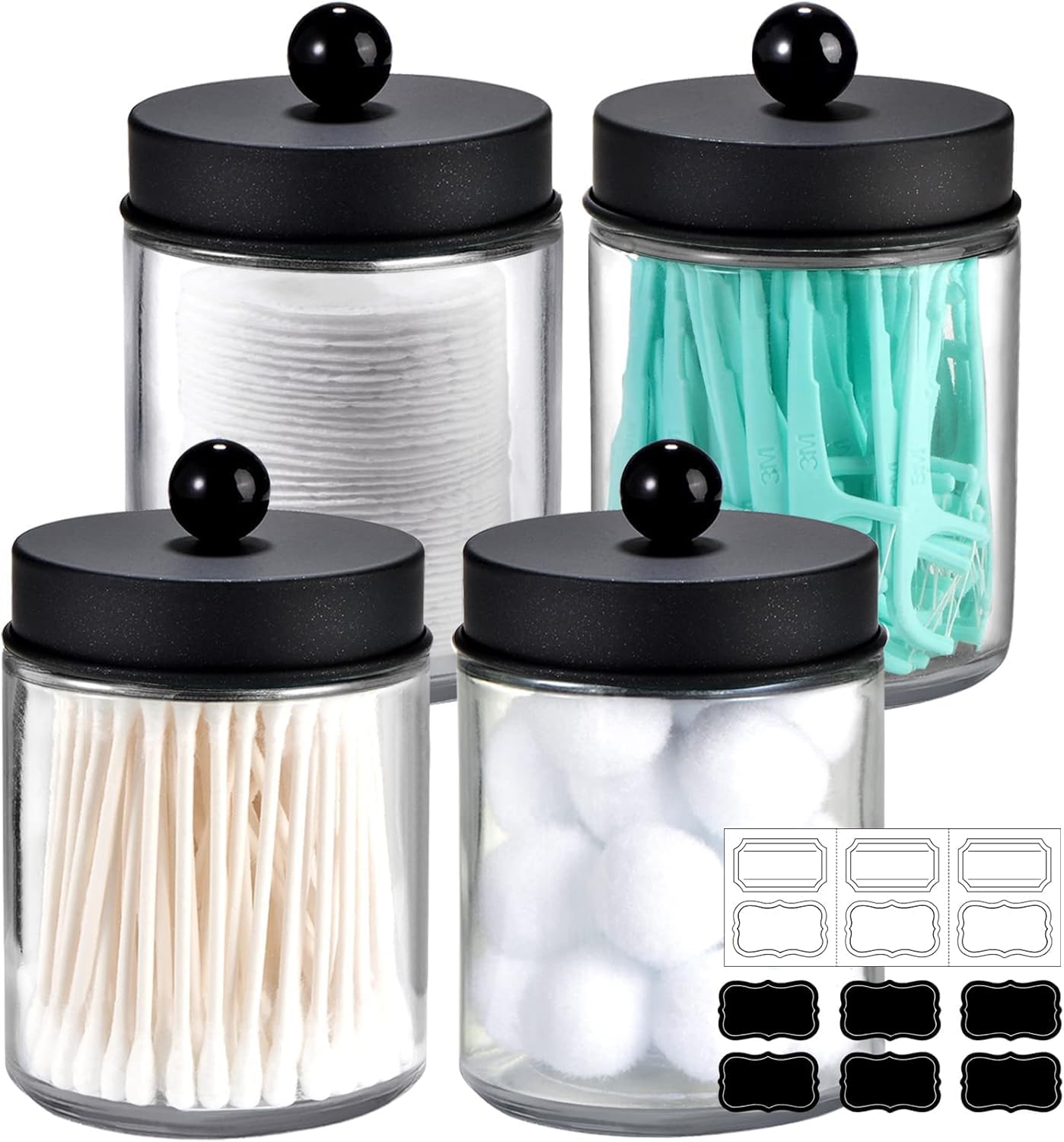 Timotech Set 4 Tarros para Hisopos de Vidrio 8oz, Botes Decorativos para Baño con Tapas Acero Inoxidable, Organizadores Baño, Frascos Decorativos, Recipientes Almacenamiento de Cocina y Belleza
