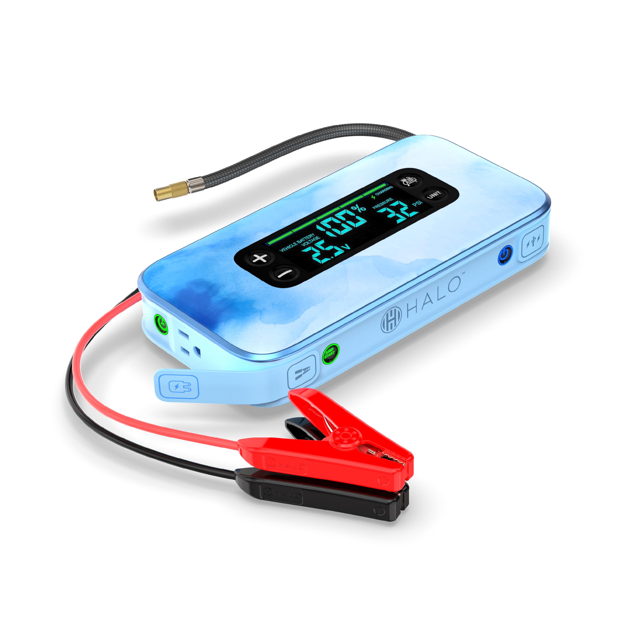 Halo Bolt Ultimate 3 Portable Car Battery Jump Starter | 130 PSI Air Compressor, 55.5Wh USB Power Bank, Large Display, Emergency Floodlight & Charger, Jumps Cars SUVs & Trucks, Inflates Tires — Blue
