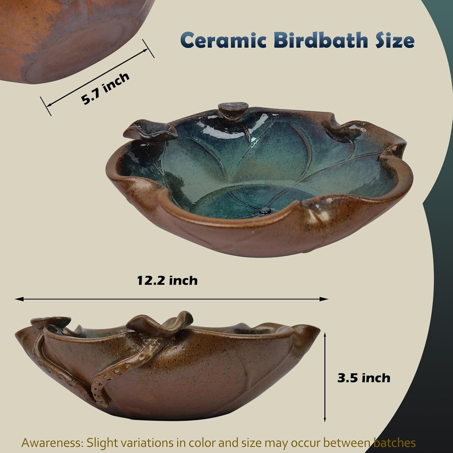 Ceramic Birdbath Solar Fountain, 12.5-Inch Heavy Duty Ceramic Bird Bath Bowl for Outdoor Water Fountain, Wildlife Drinking Station & Ground Feeder, Garden Patio Décor