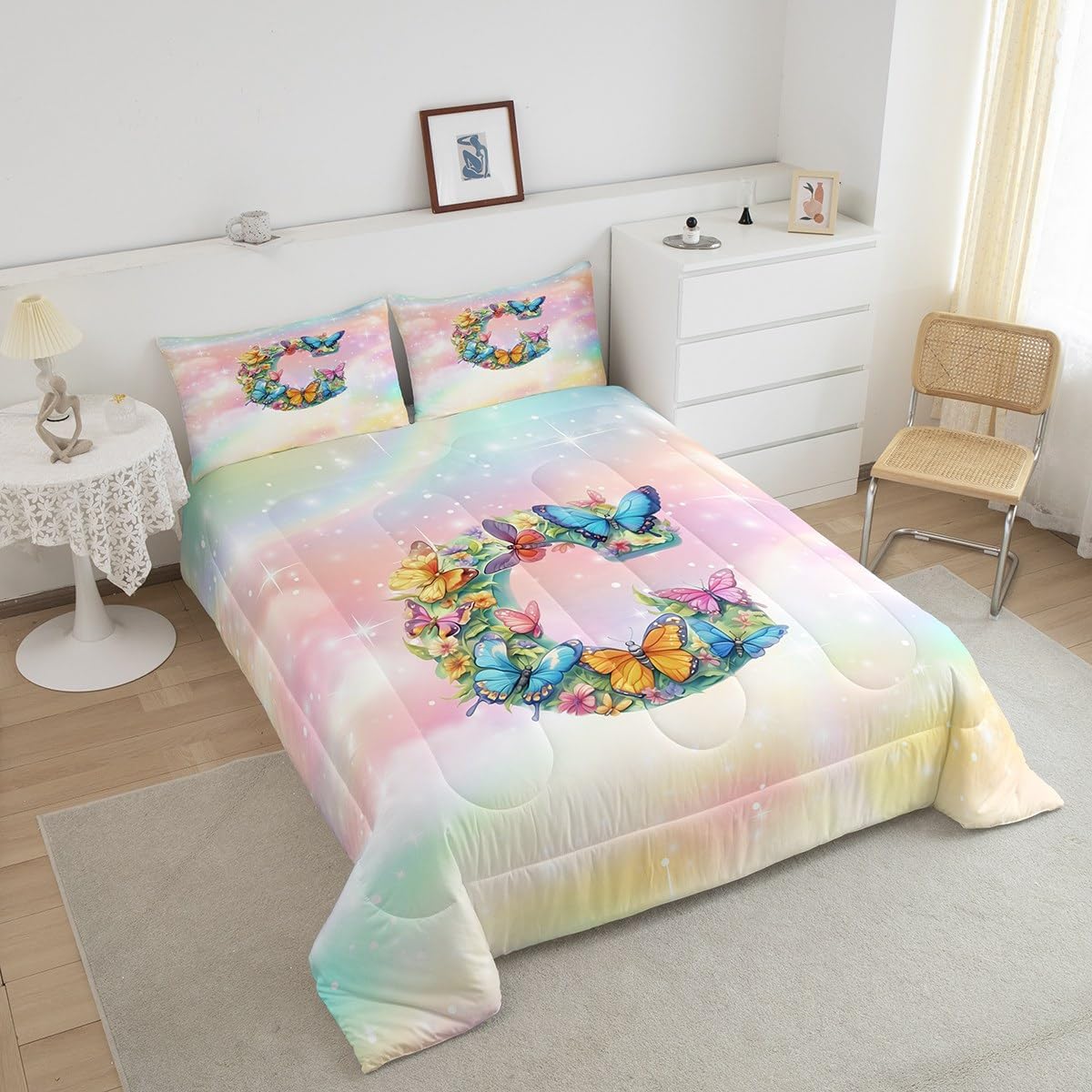Butterfly Comforter Set Toddler For Kids Girls Galaxy Stars Gradient Glitter Bedding Set, Rainbow Initial Letter C Quilt For Teens Women Bedroom Kawaii Princess Pastel Bedding With 1 Pillow Case