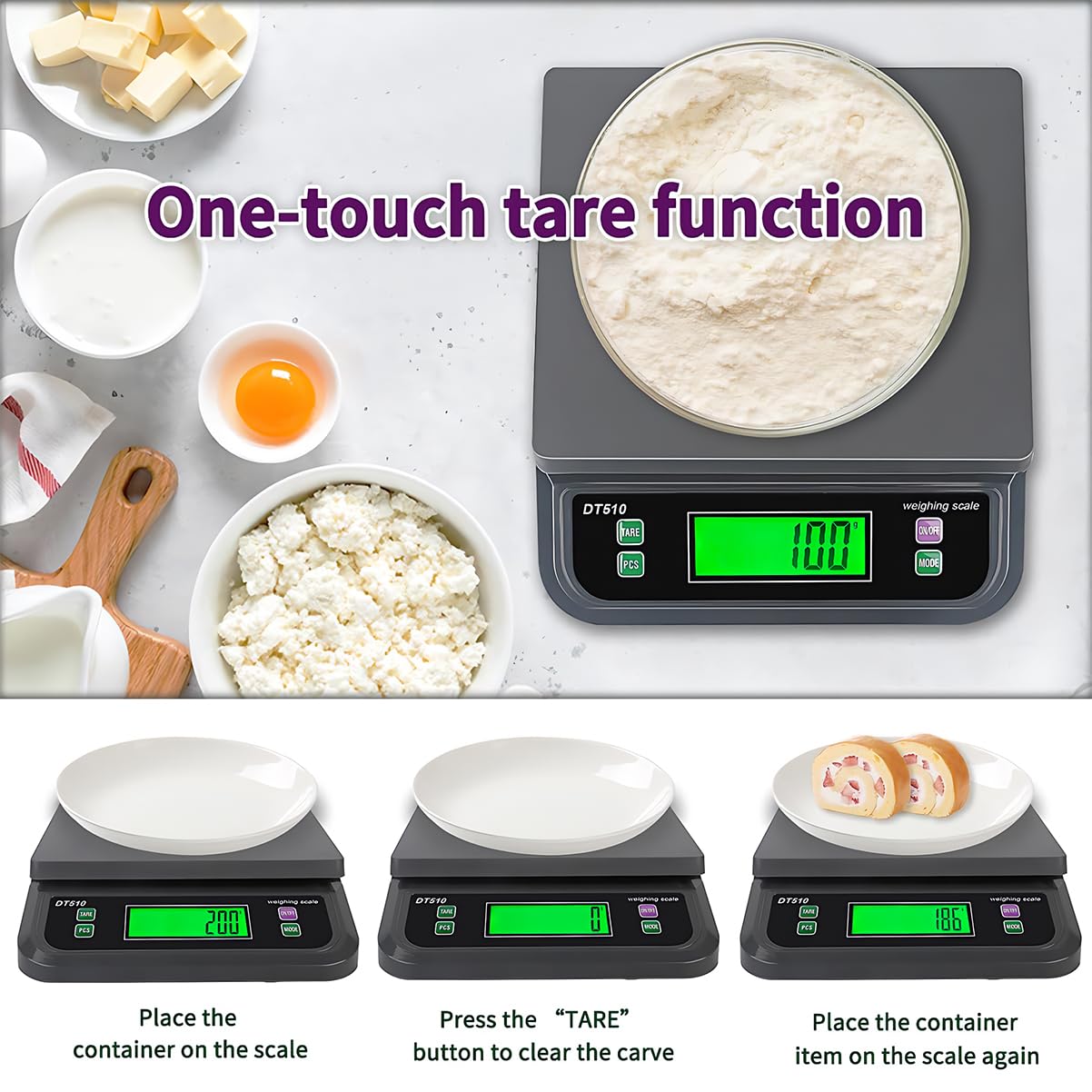 Große digitale Küchenwaage, Lebensmittelwaage zum Backen, Kochen, Brot, Fleisch, Waage mit Tara- und Vorbereitungszählung, LCD-Display mit Adapter, 6 Einheiten (Grau, 30 kg)
