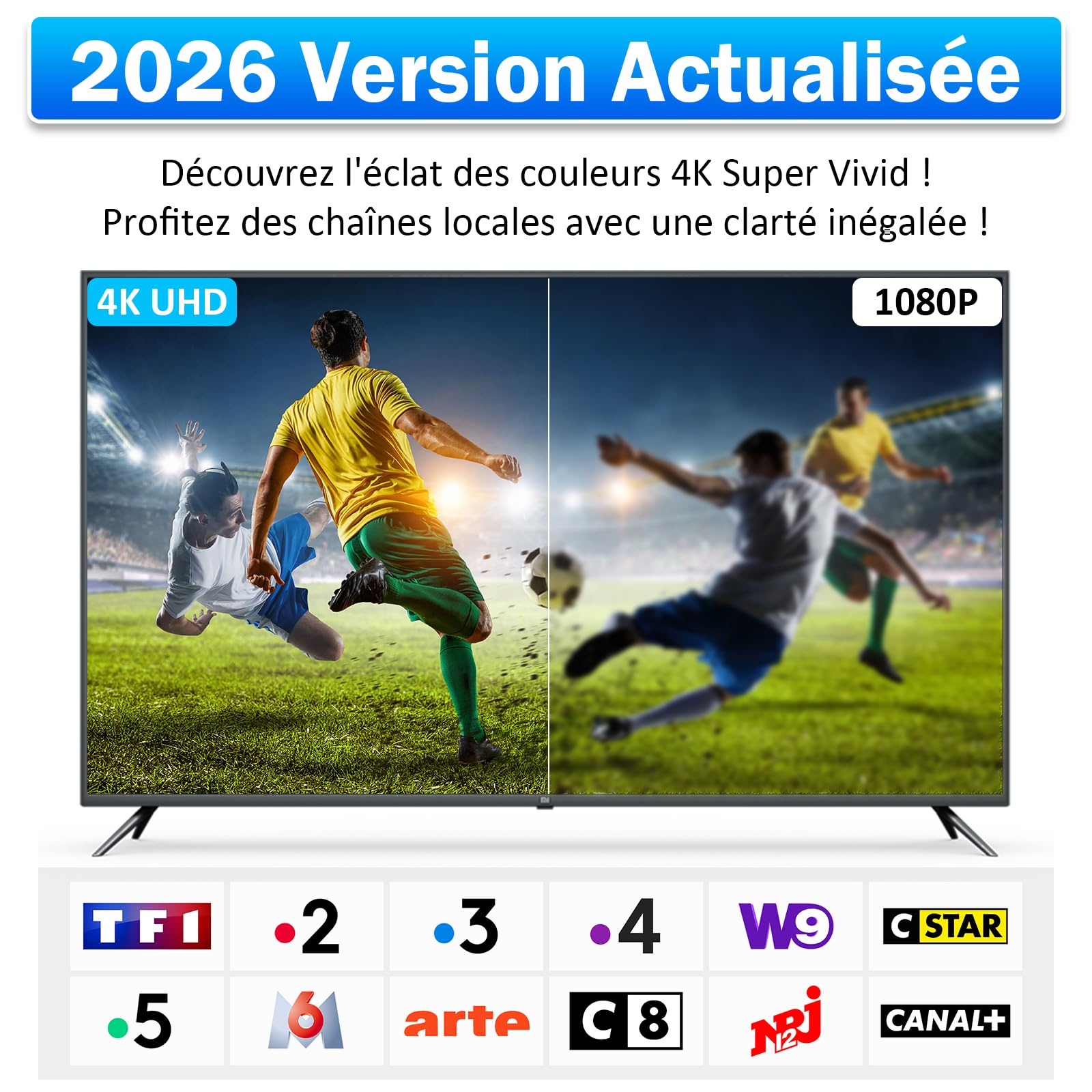 Antenne TV Intérieur Puissante TNT HD, 2026 Puissante Antenne TV Intérieur de Base magnétique puissante - 80KM Réception Longue Portée à 360°, Compatible avec Portable 4K 1080P et Tous Les TVs - Bleu