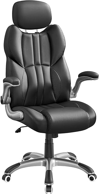 SONGMICS Office Chair, Ergonomic Gaming Chair, Swivel Chair, with Flip-Up Armrests, 3-Height Adjustable Headrest, 91 cm High Back, 150 kg Weight Capacity, Black OBG65BKUK