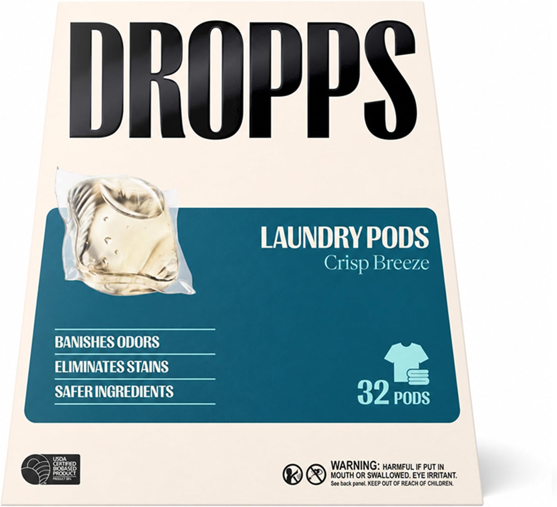 Dropps Odor & Stain Laundry Detergent Pods, Crisp Breeze (32 Count) - Powerful Laundry Pods | Complete Clean Laundry Soap | Fights Odors & Stains | Clean Ingredients | Plastic Free Packaging