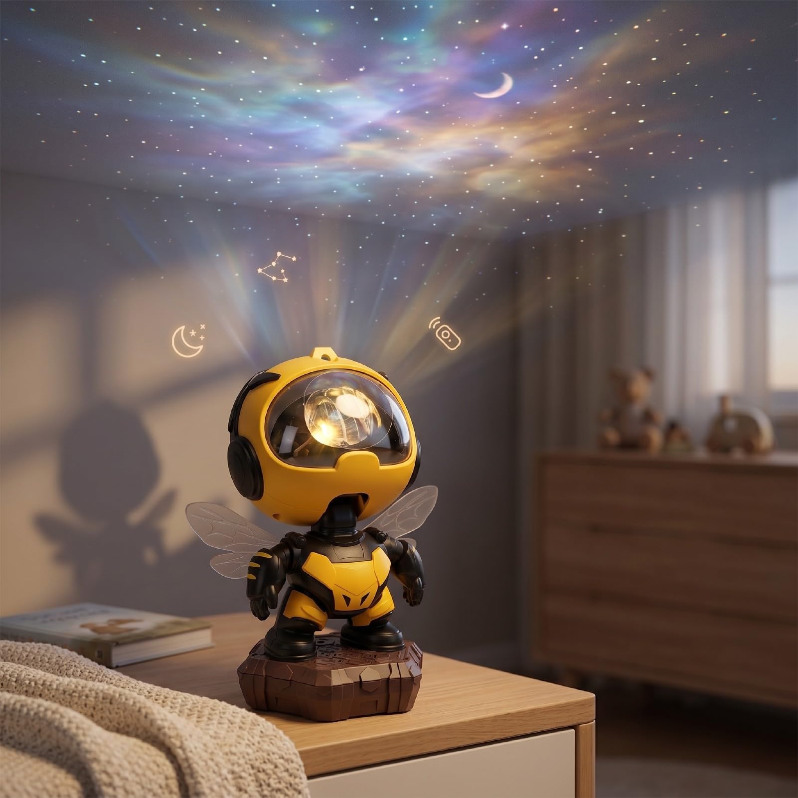 Generic Projektor Little Bee Nebula Lampka Nocna Wielokolorowa Dioda LED z Pilotem do Pokoju Dziecięcego i Romantycznych ustawień Nocnych Plastik 6,57x4,21x8,23 Cala