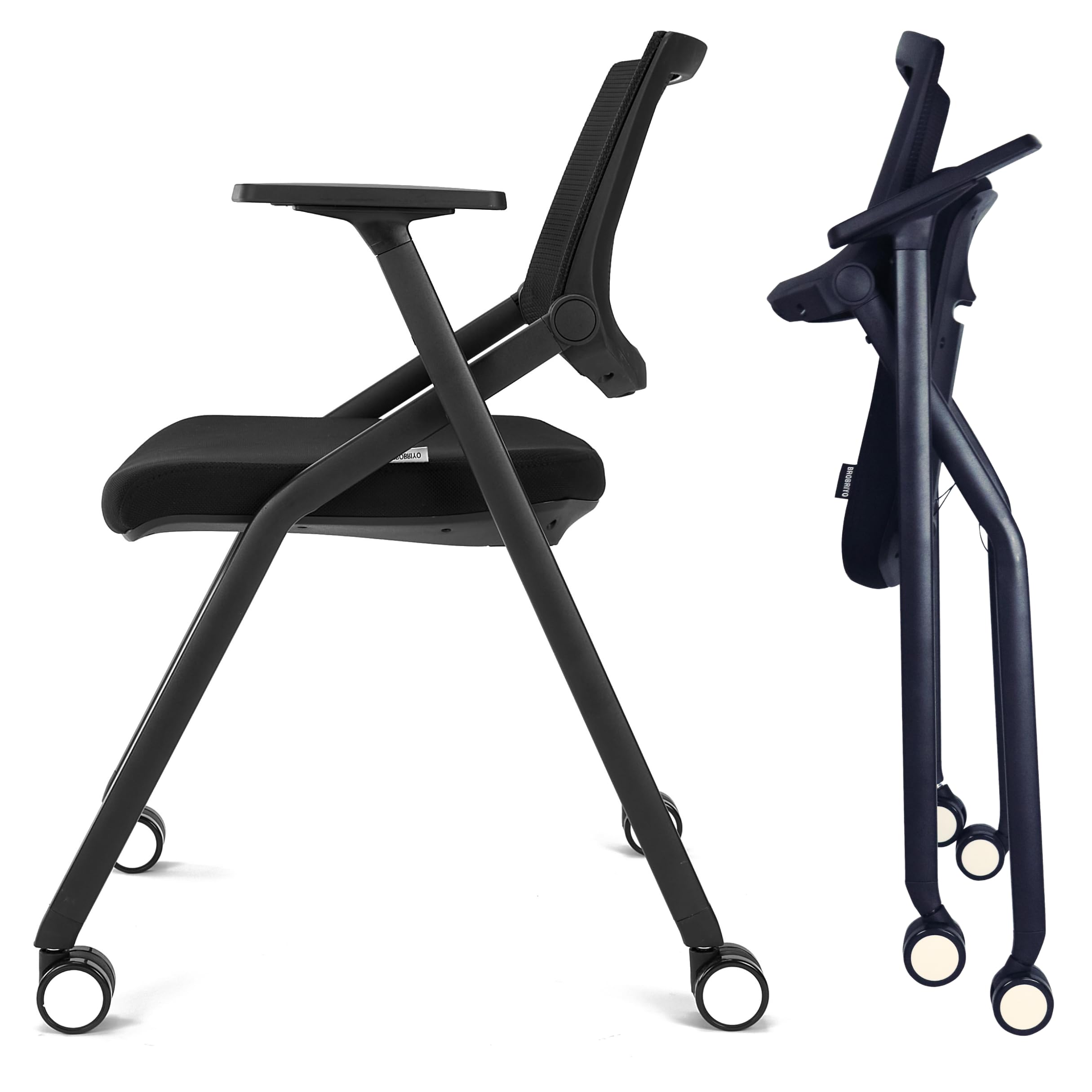 BROBRIYO Folding Chair with Wheels and Paddle, Ergonomic Mesh Back and Arms for Office, Meetings, Conferences, Receptions, Training Rooms & Folding
