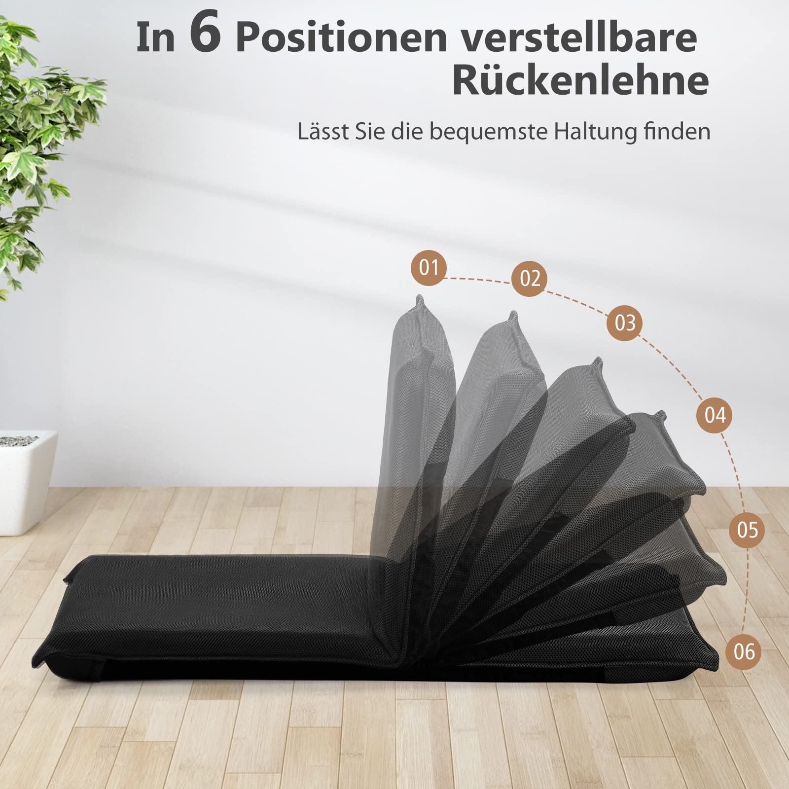 RELAX4LIFE Bodenstuhl klappbar, Bodensessel mit Liegefunktion, Lehnstuhl mit 6 Einstellbarer Rückenlehne, Bodensitz zum Fernsehen Lesen Spielen, Meditationsstuhl Lazy Sofa gepolstert (Schwarz)