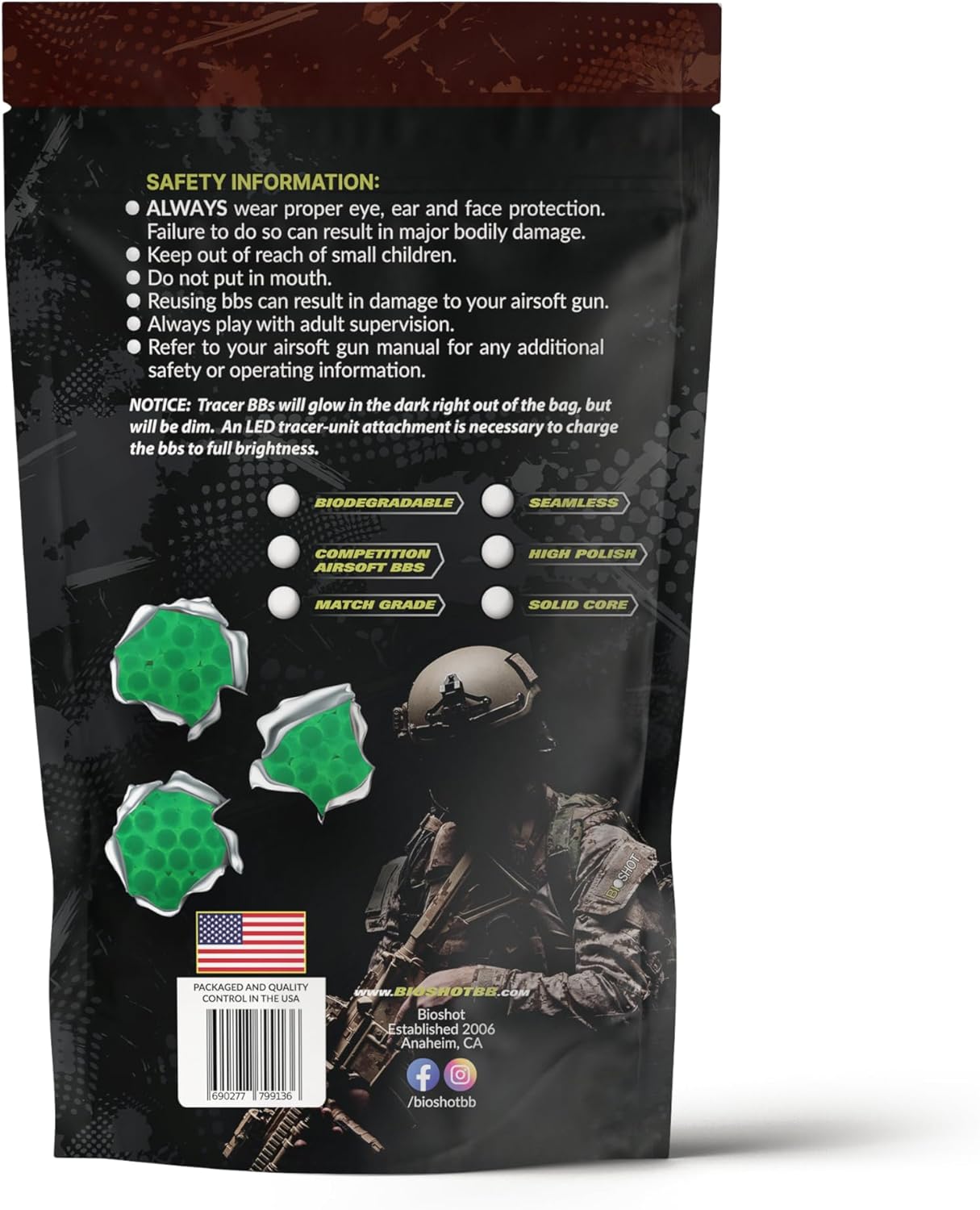 Biodegradable Green Tracer Glow in The Dark Airsoft BBS - Seamless Competition Match Grade for All 6mm Airsoft Guns and Accessories
