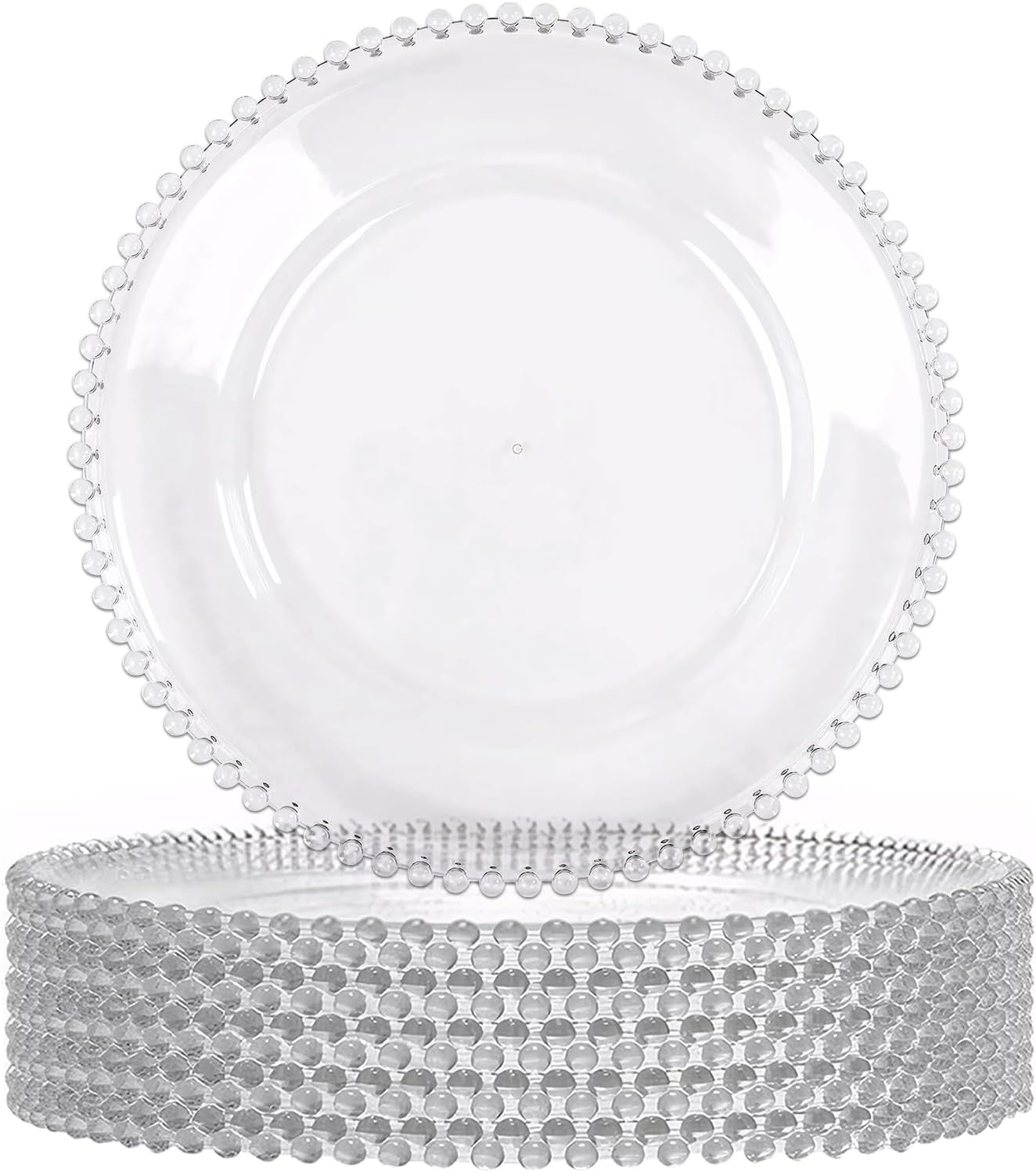 10 Pcs Clear Plastic Charger Plates with Bead Rim, 12.6 Inch Round Dinner Serving Plates for Wedding, Party, and Table Decor