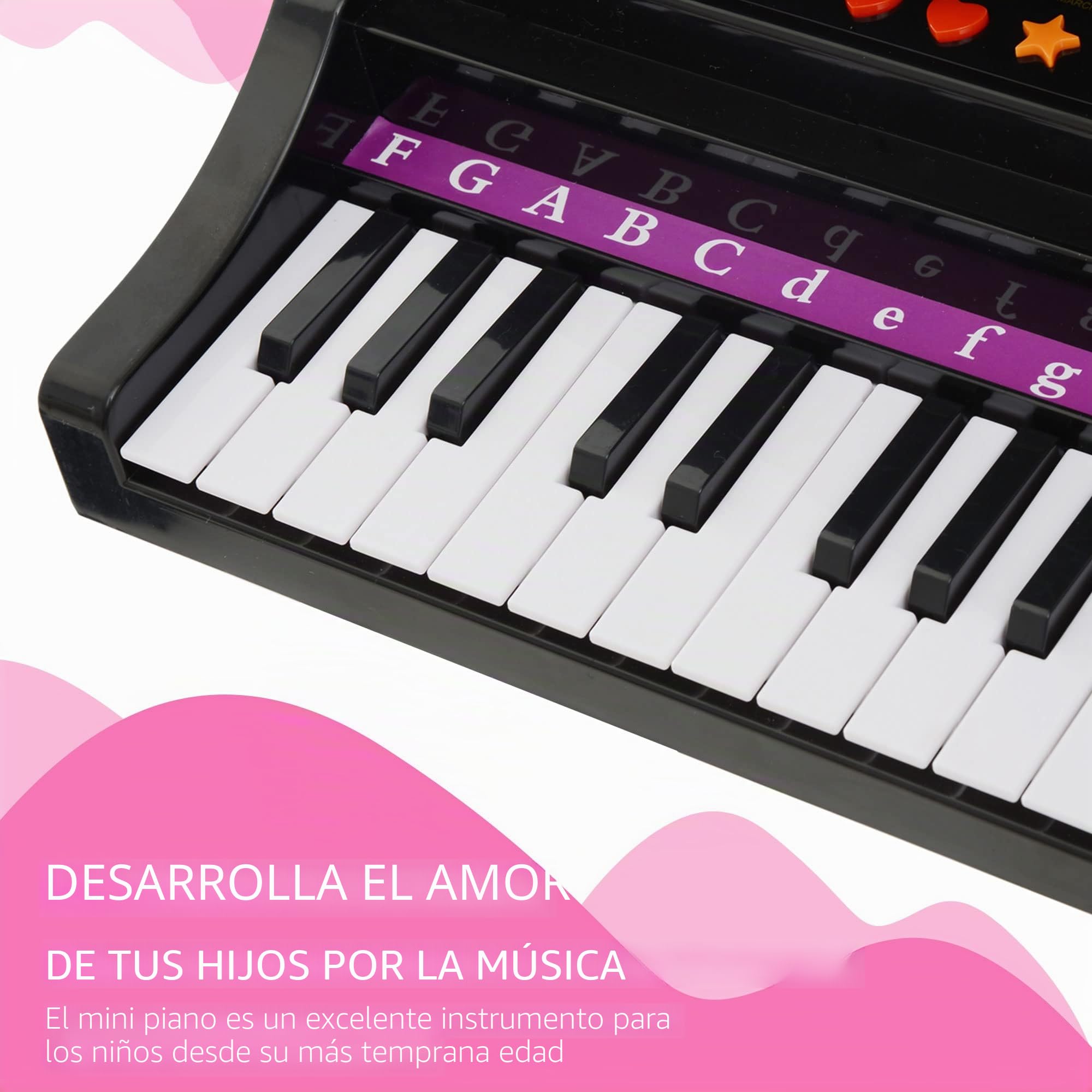 HOMCOM - Piano electrónico de 37 teclas, 3 a 6 años, color negro | Multifunción con micrófono altavoz, luz LED, función de grabación y reproducción, instrumento musical infantil