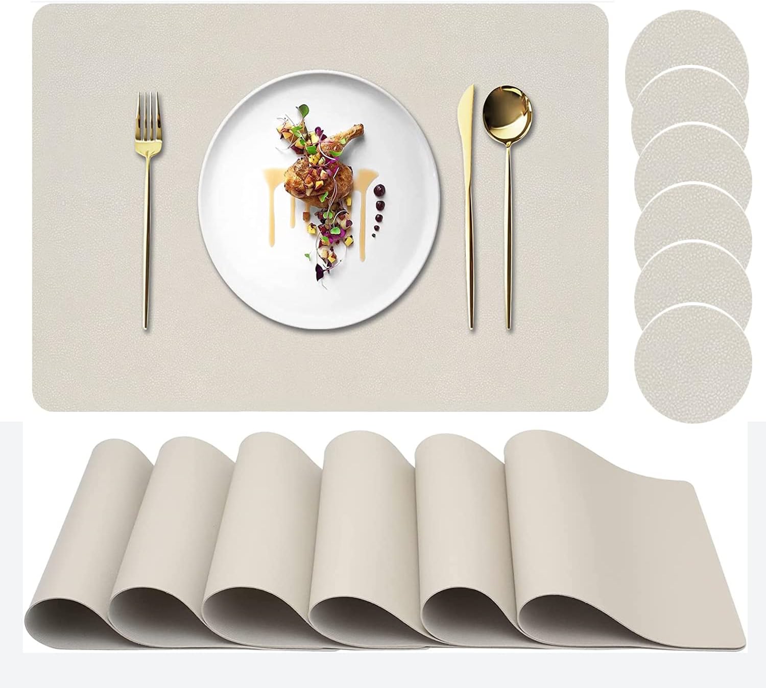 Placemats Set of 6, Faux Leather Place Mats with Coasters, Waterproof, Stain Resistant, Heat Resistant, Easy to Clean PU Table Mats for Dining Table and Decor (Set of 6, Rectangle Cream White)