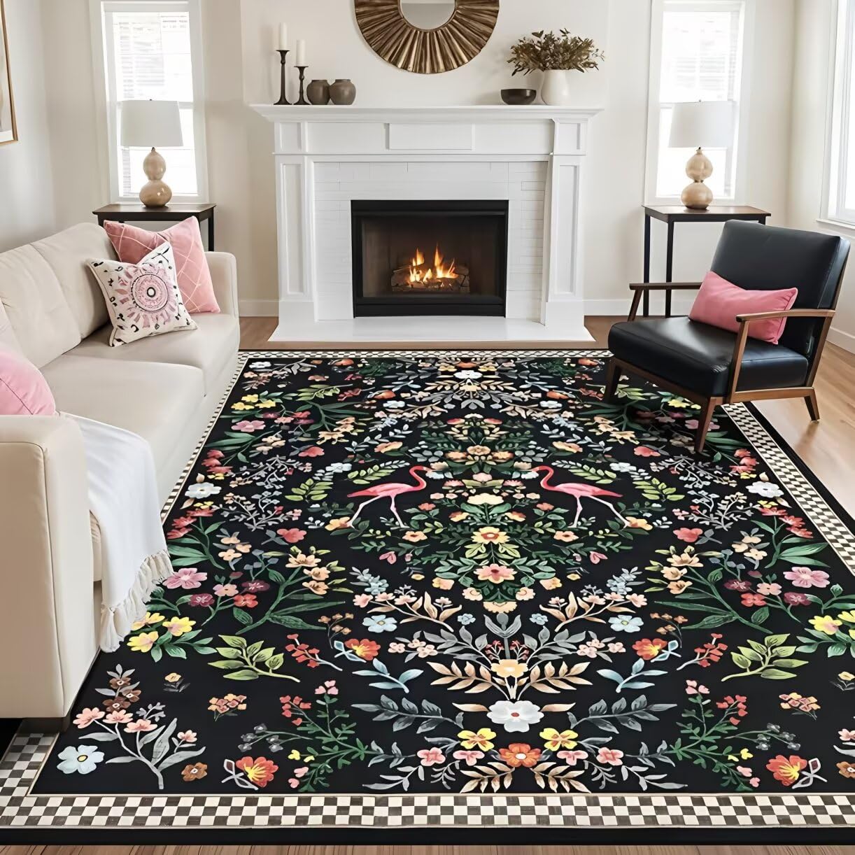 Alfombra verano salón negra de flores para pisar cómodo bajo el escritorio