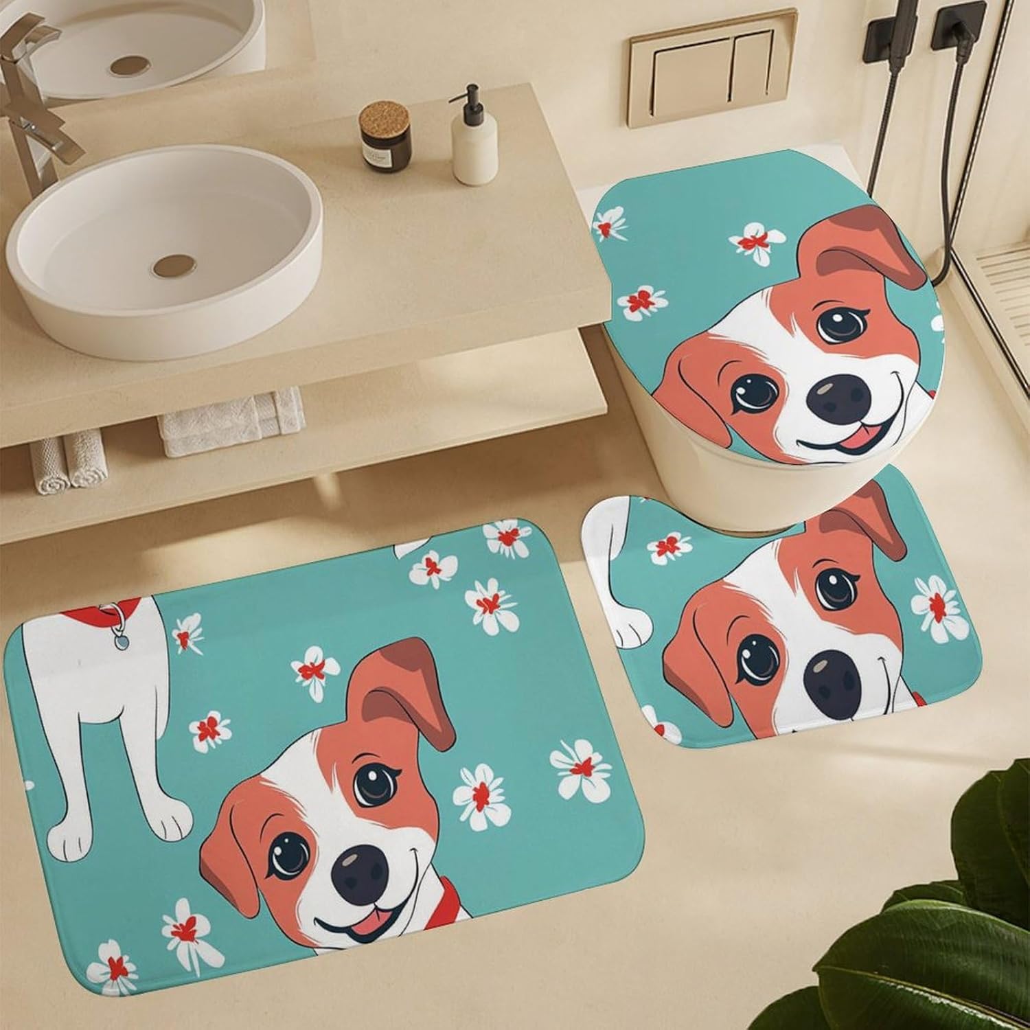 Cute Jack Russell Dog Modern Bathroom Sets with Shower Curtain and Rugs Decor 4 Pcs with 12 Hooks