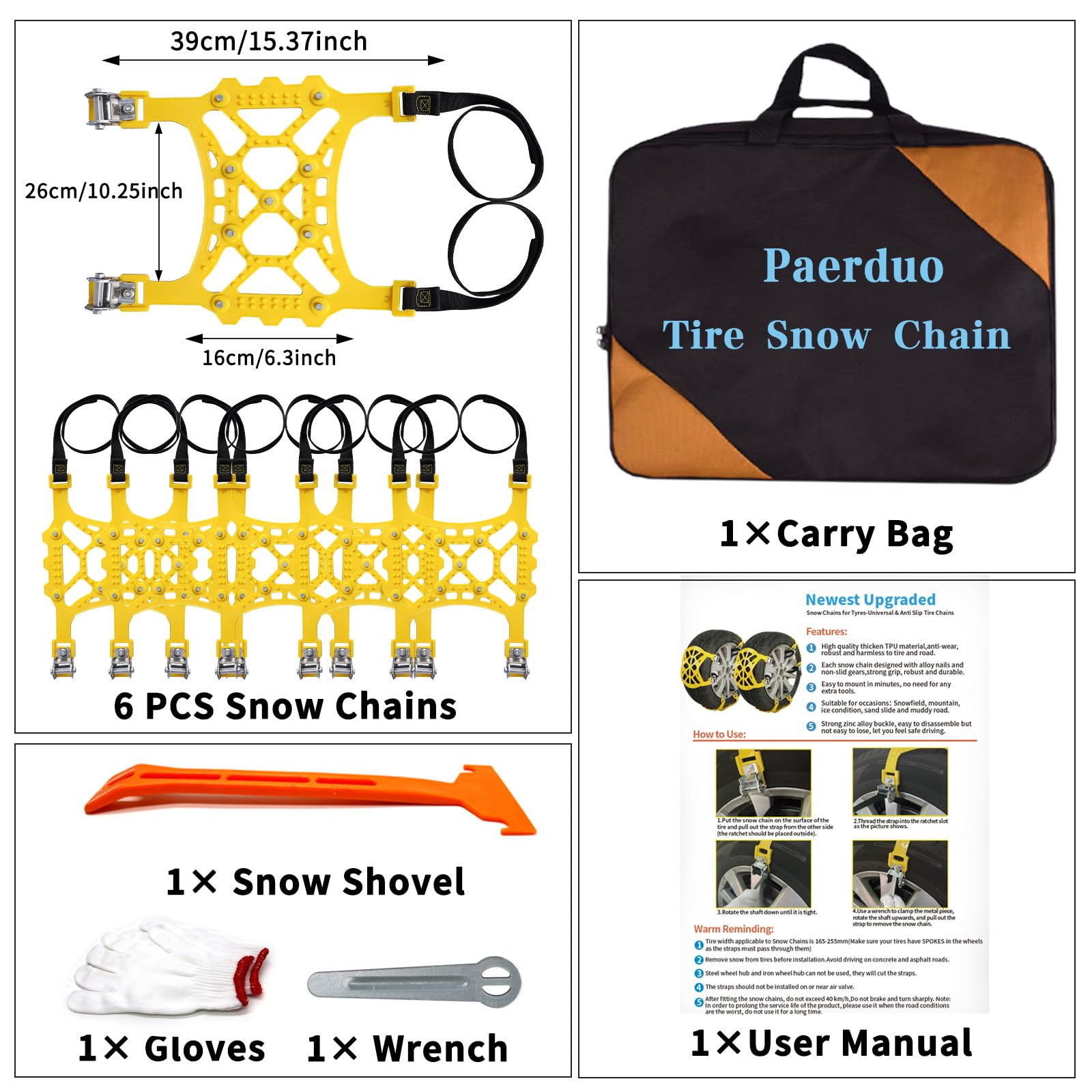 Cadenas coche nieve,adecuadas para neumáticos de 165~265 mm de ancho,6 paquetes de cadenas coche nieve universal,aptas para coches,SUV y ATV,cadena nieve,205 55 r16 215 55 r18 215 65 r16/r17/ r18 etc