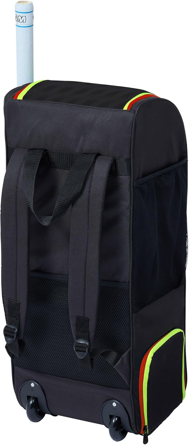 GM | Rival Wheelie Duffle Cricket Bag Holdall | Sleeve for 1 Bat | Adjustable Comfort Straps | Shoe Tunnel | Volume - 55 litres | Tough 600 Denier Polyester | Black Red & Yellow | Gunn & Moore