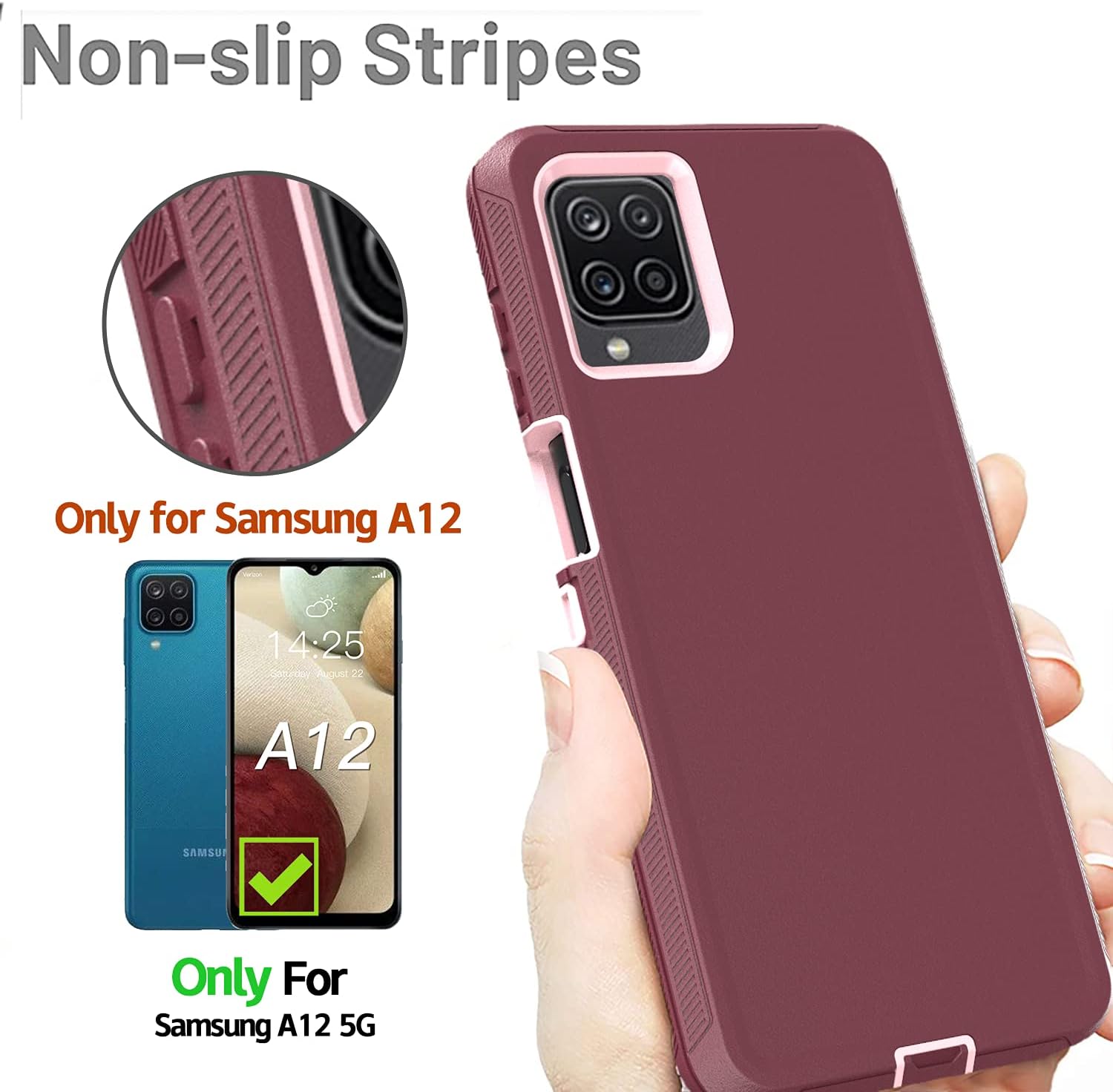 Galaxy A12 case,Samsung A12 case,A12 Heavy Duty case,[Military Grade Protective ][Shockproof] [Dropproof] [Dust-Proof], Compatible with Samsung Galaxy A12 (WineRed-Pink)