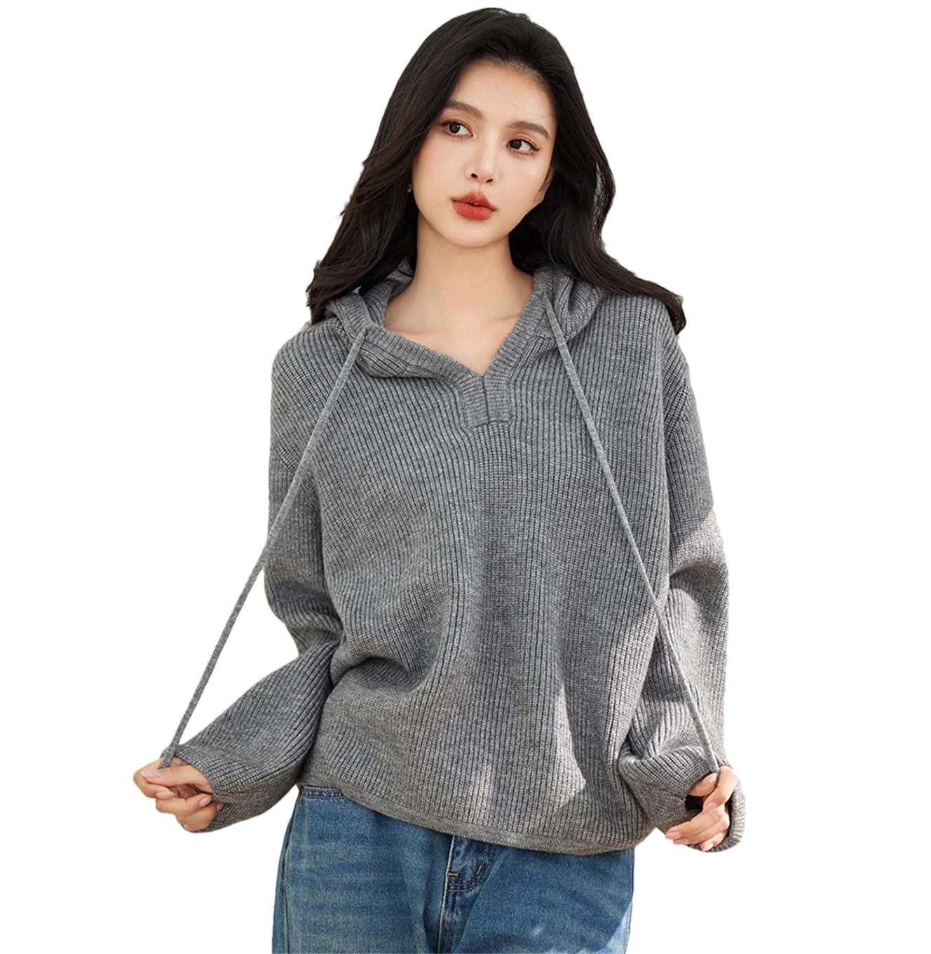 Damski sweter z kapturem leniwy styl luźny styl chłopaka dzianinowy top jednolity kolor sweter z długim rękawem
