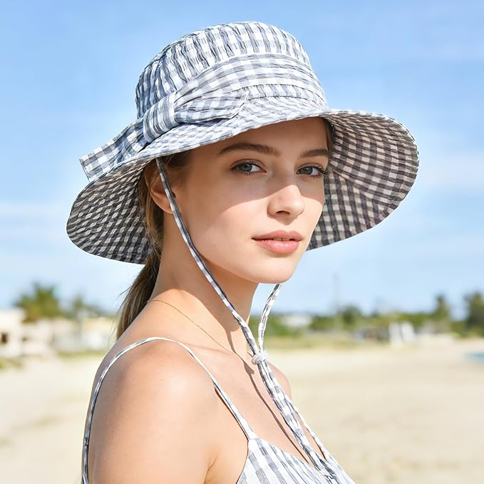 Sombrero de verano a cuadros para mujer 100% algodón miniatura 5