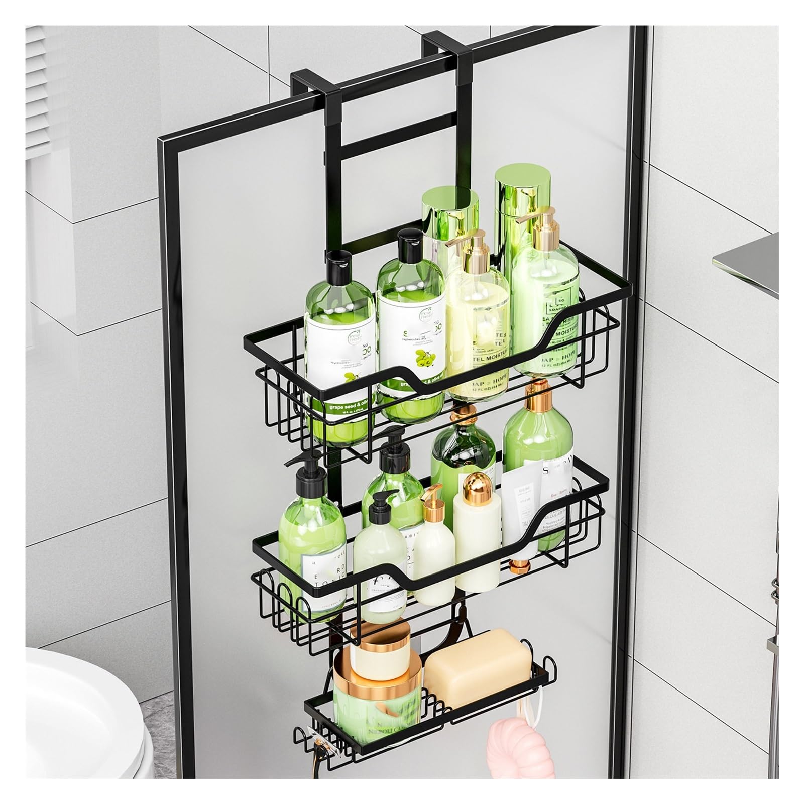 Organizzatore da Porta, 3 Ripiani con cestini sospesi | Organizer da Appendere alla Porta con Tasche e Ganci, per Camera da Letto e Bagno