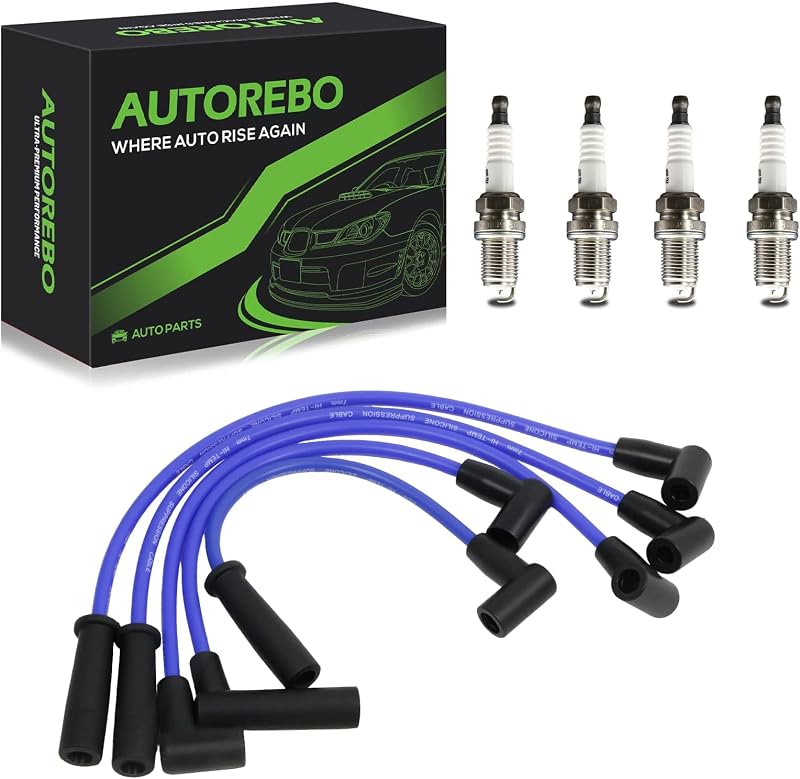 Jogo de cabos de ignição 671-4070 com 4 velas de ignição de irídio AUTOREBO para Jeep Wrangler TJ e Dodge Dakota 2.5L – Conjunto