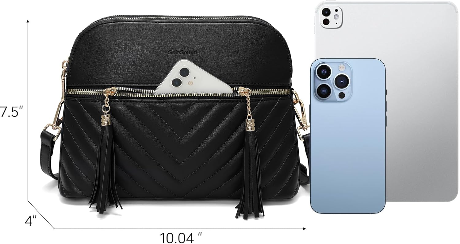 Chic Tassel Crossbody Bag for Women - Vegan Leather Double-Zip Shoulder Purse with Gold Hardware